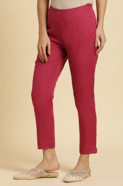 Pink Solid Cotton Flax Slim Pants - wforwoman
