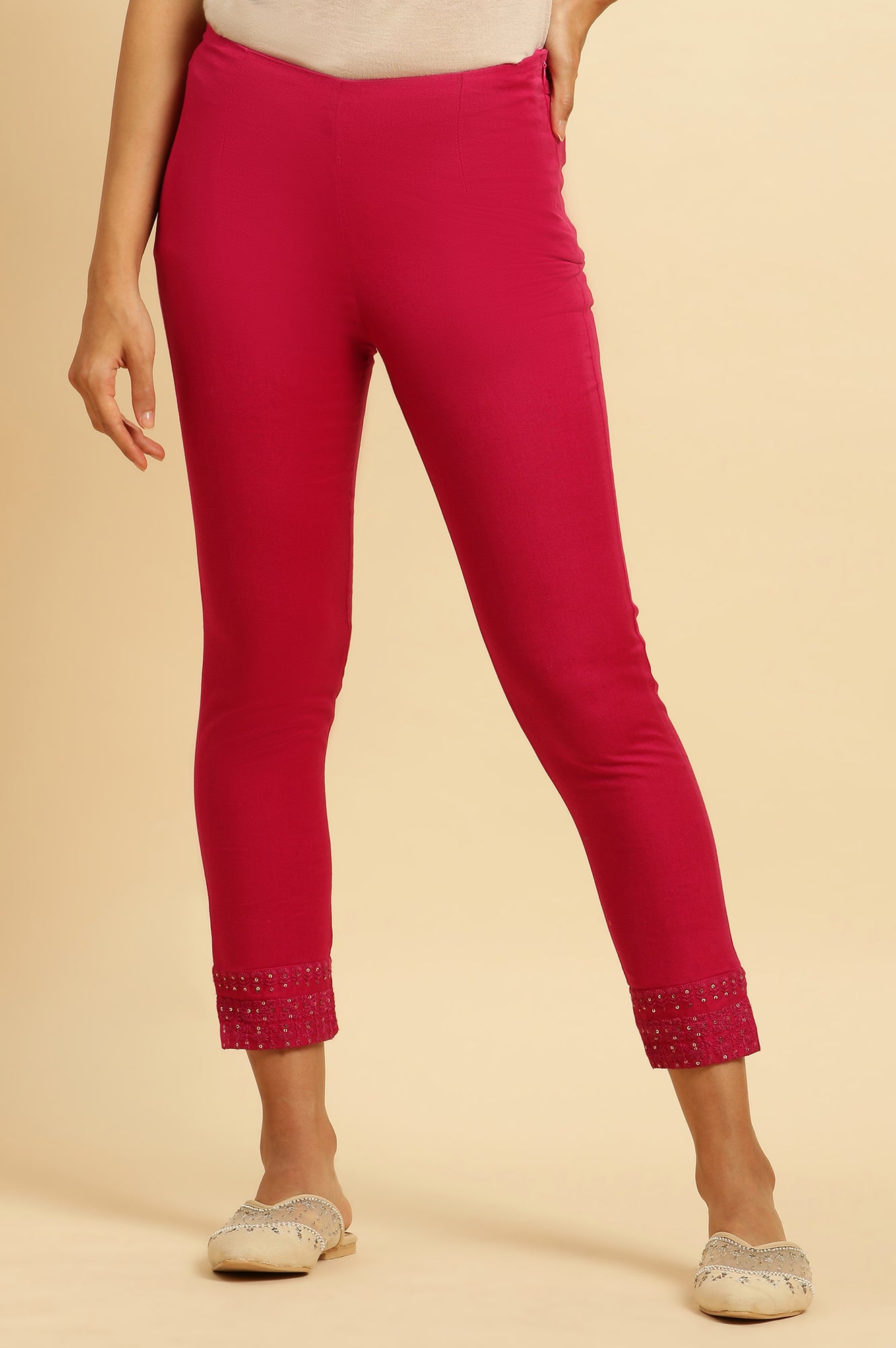 Dark Pink Solid Light Festive Slim Pants