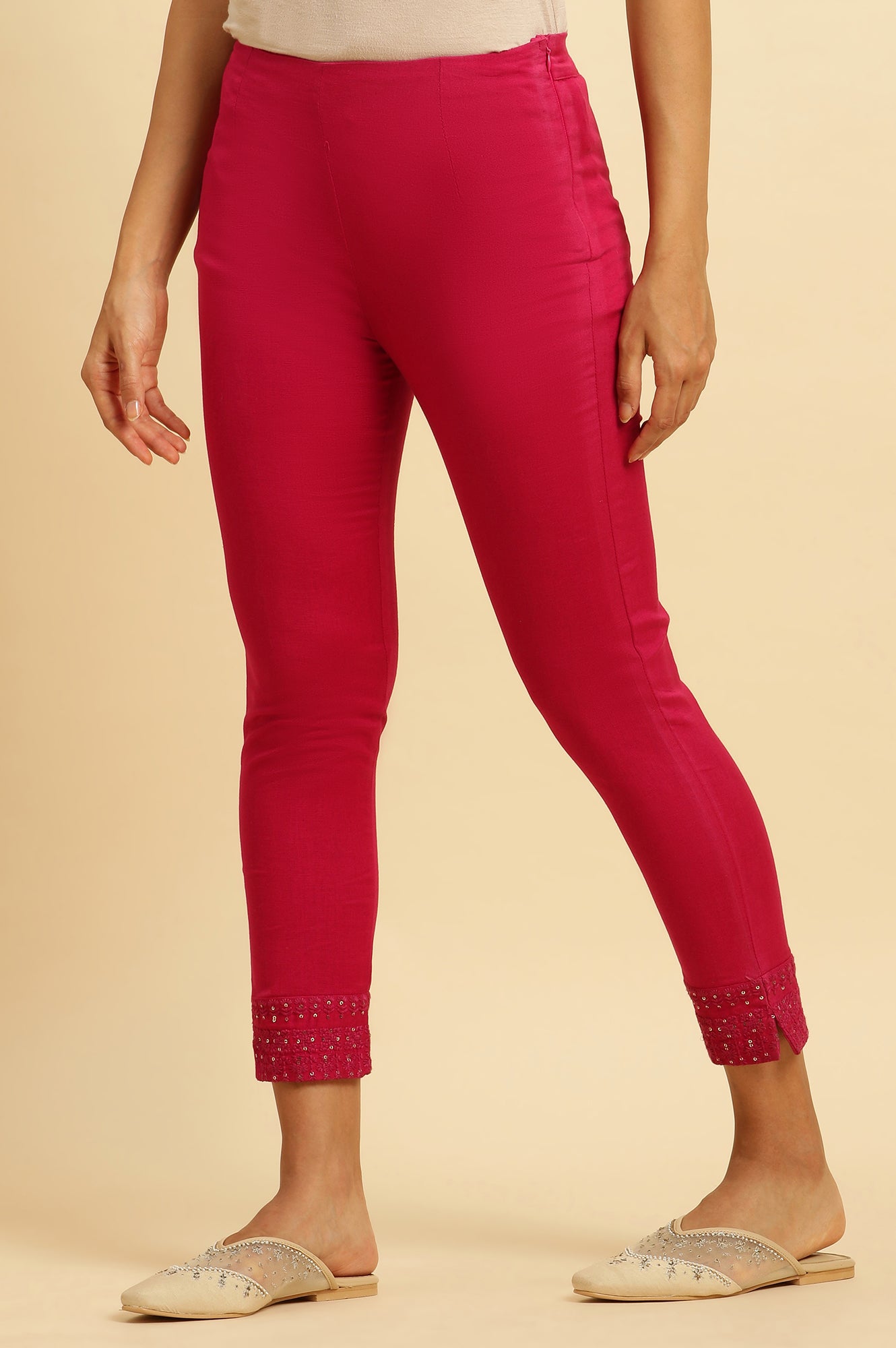 Dark Pink Solid Light Festive Slim Pants