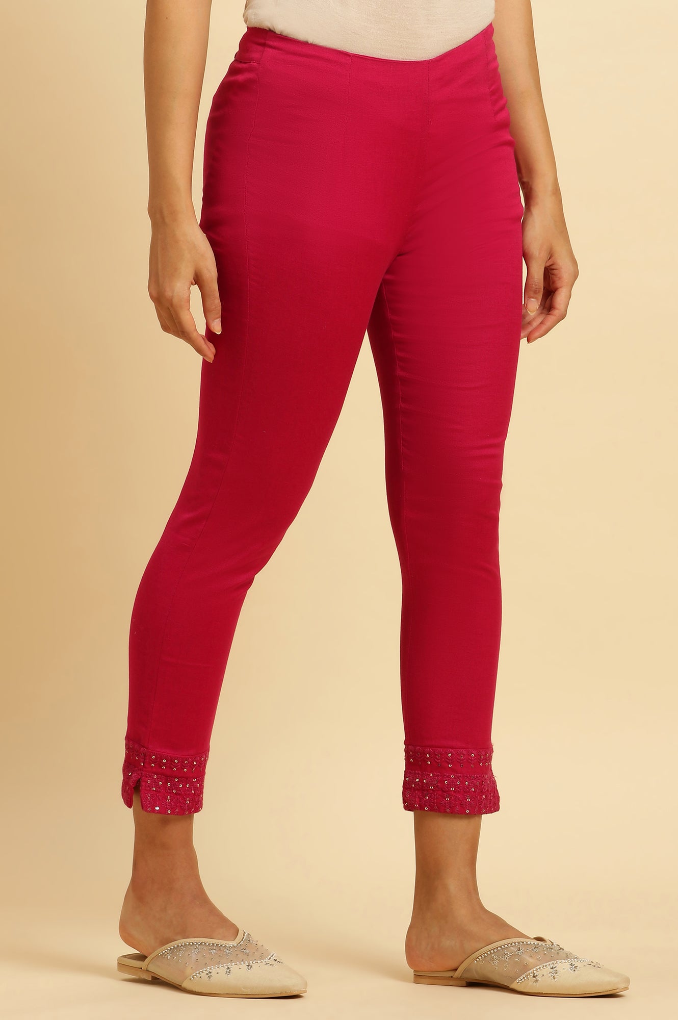 Dark Pink Solid Light Festive Slim Pants