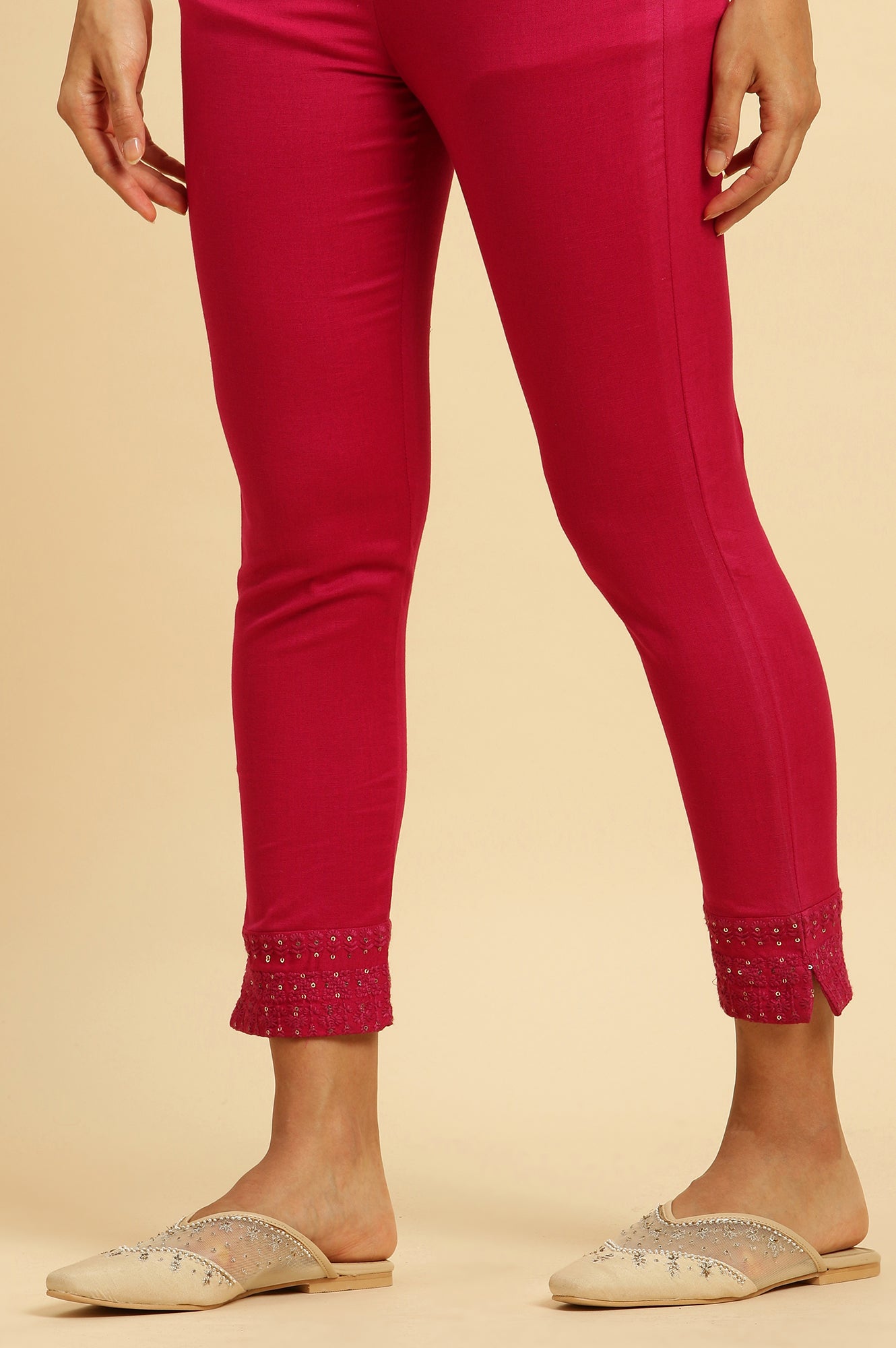 Dark Pink Solid Light Festive Slim Pants