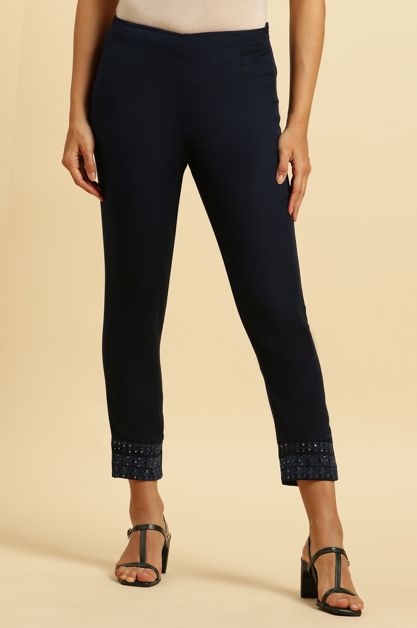 Navy Blue Solid Embroidered Slim Pants