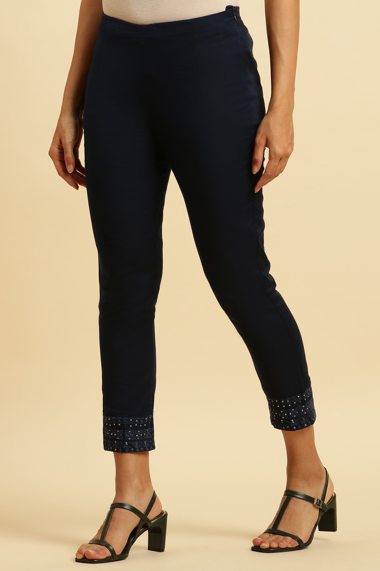 Navy Blue Solid Embroidered Slim Pants