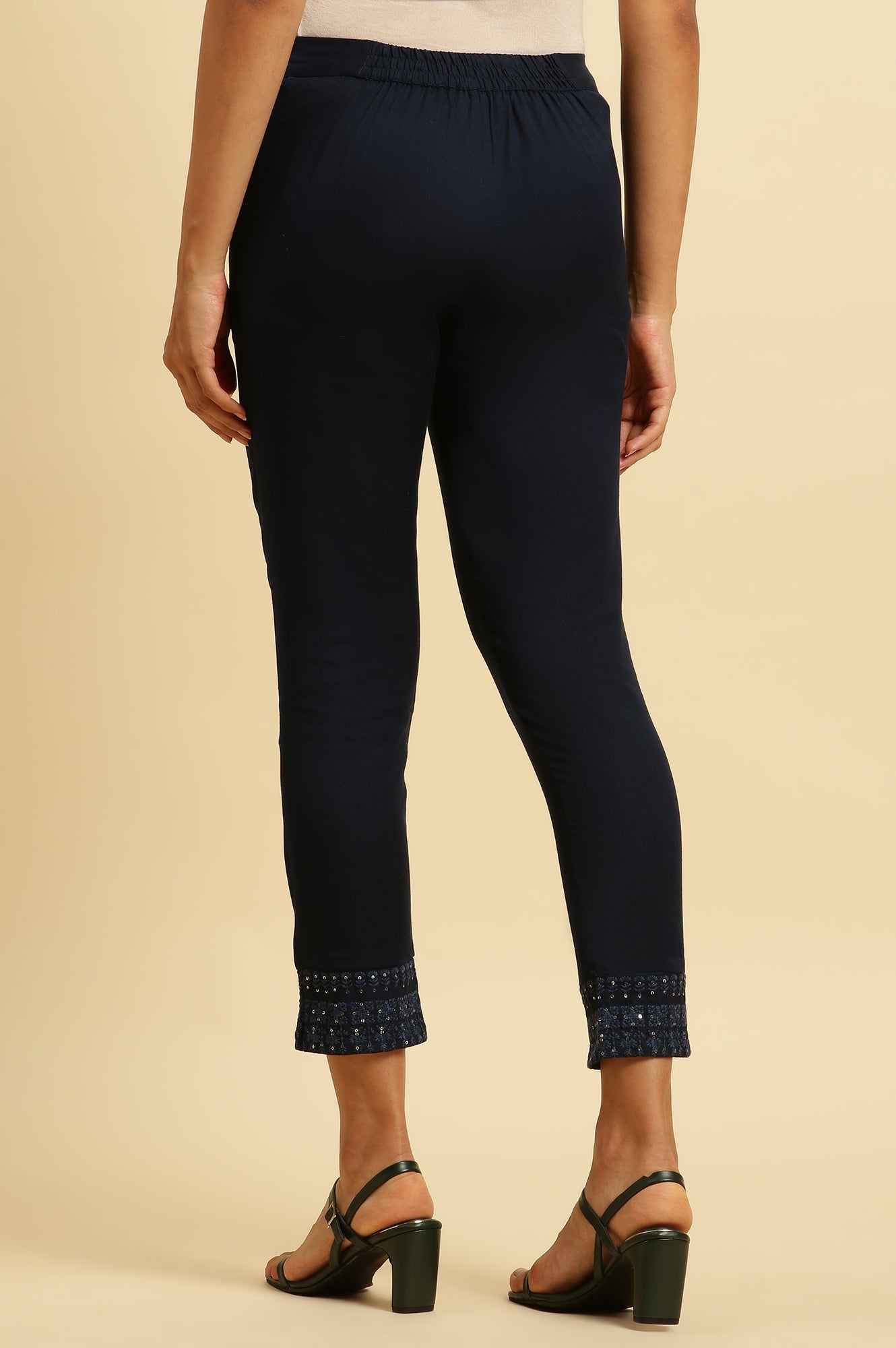 Navy Blue Solid Embroidered Slim Pants