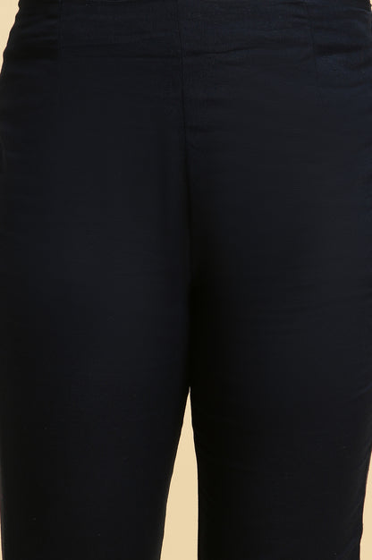 Navy Blue Solid Embroidered Slim Pants