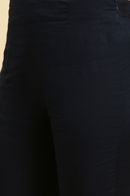 Navy Blue Solid Embroidered Slim Pants