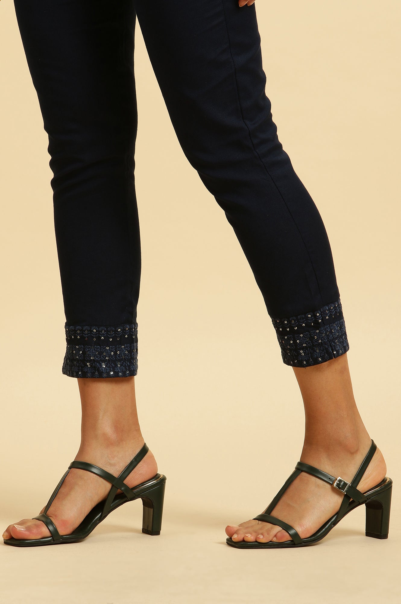 Navy Blue Solid Embroidered Slim Pants