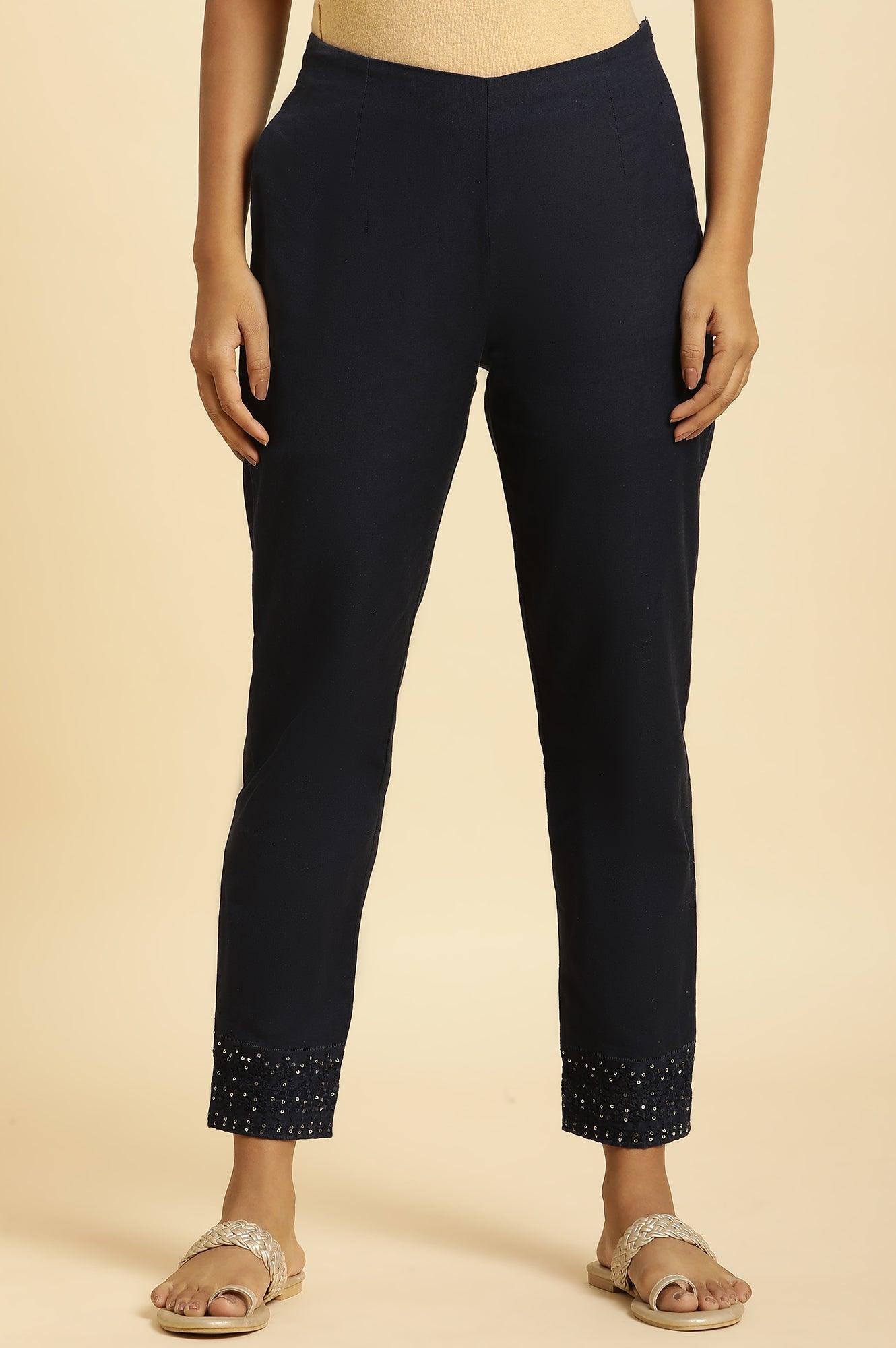 Blue Slim Pants With Embroidered Hem - wforwoman