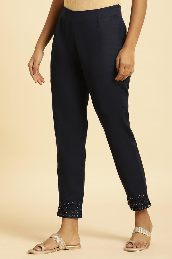 Blue Slim Pants with Embroidered Hem