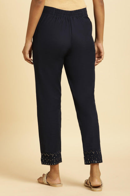 Blue Slim Pants With Embroidered Hem - wforwoman