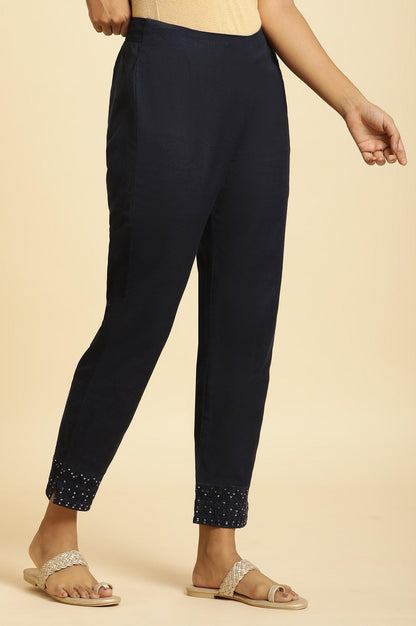 Blue Slim Pants With Embroidered Hem - wforwoman