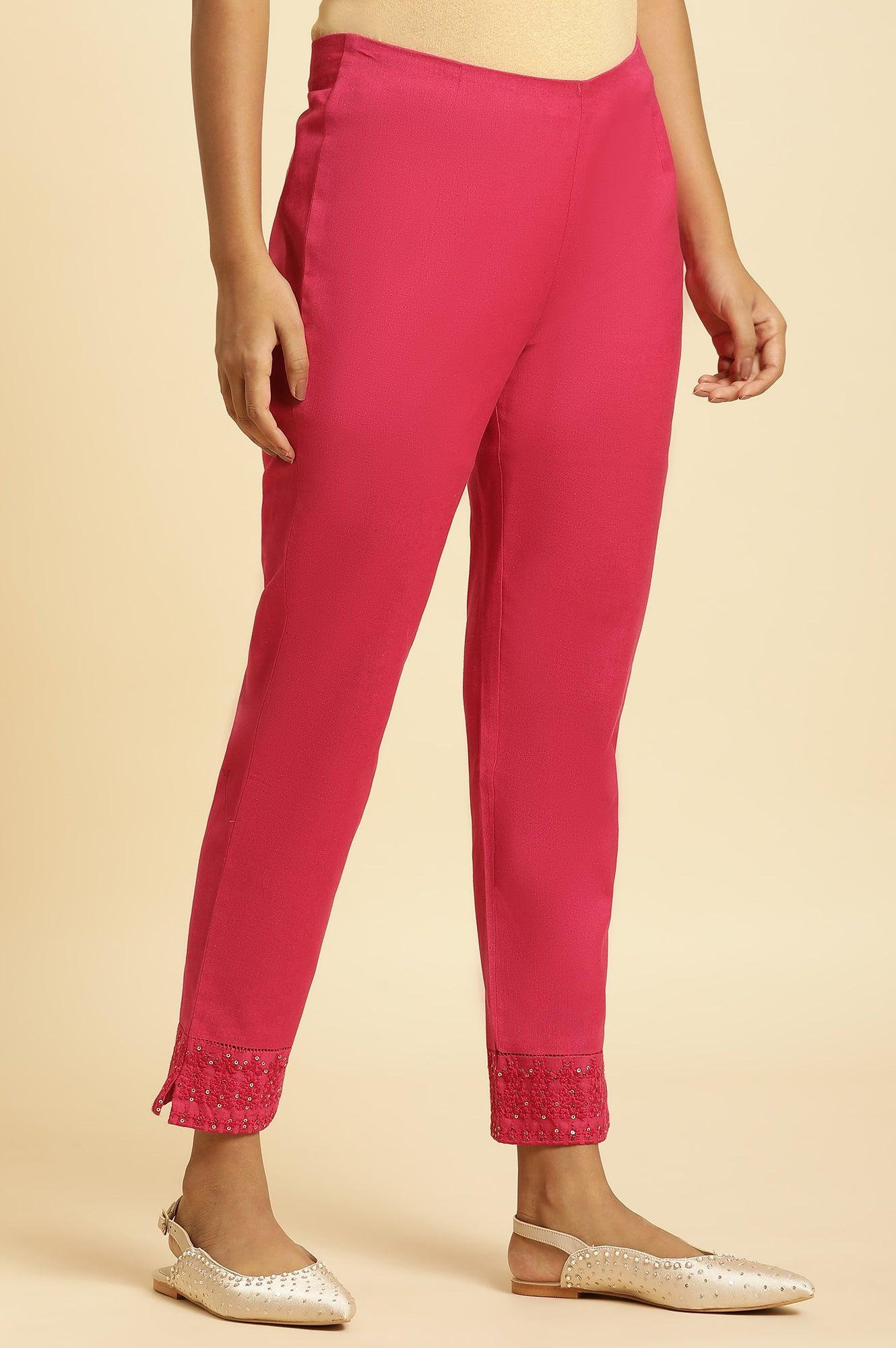 Pink Slim Pants With Embroidered Hem - wforwoman