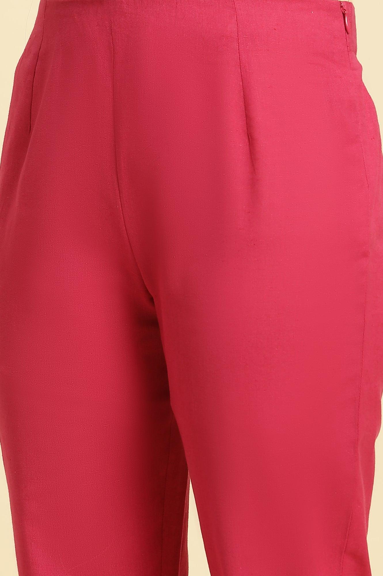 Pink Slim Pants With Embroidered Hem - wforwoman