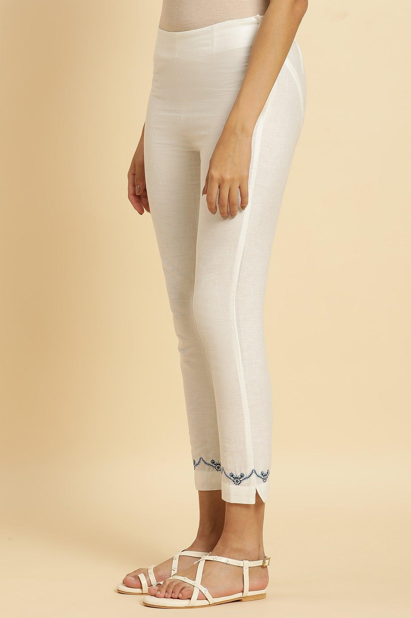 White Slim Pants With Embroidered Hemline - wforwoman