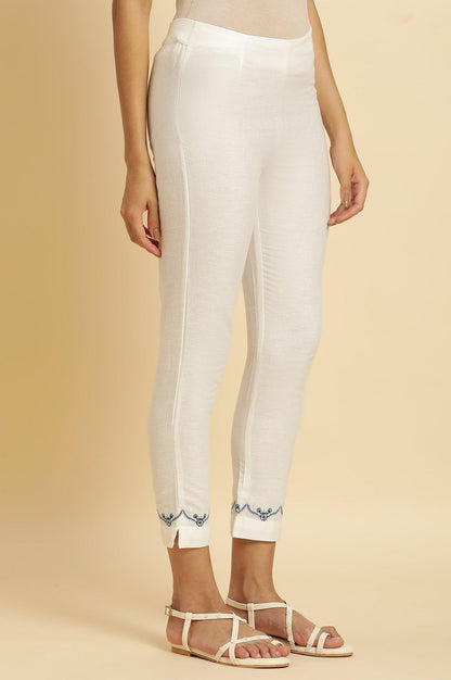 White Slim Pants With Embroidered Hemline - wforwoman