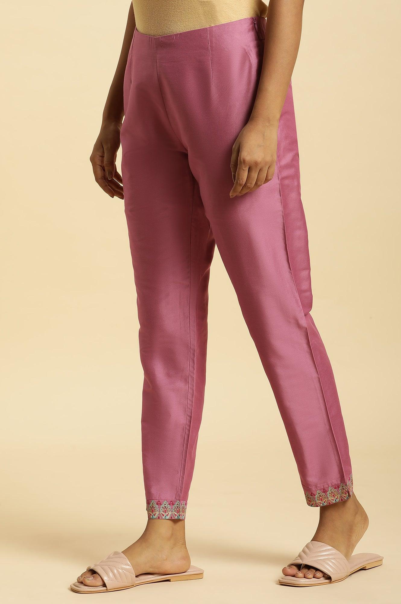 Purple Slim Pants With Printed Kota Border - wforwoman