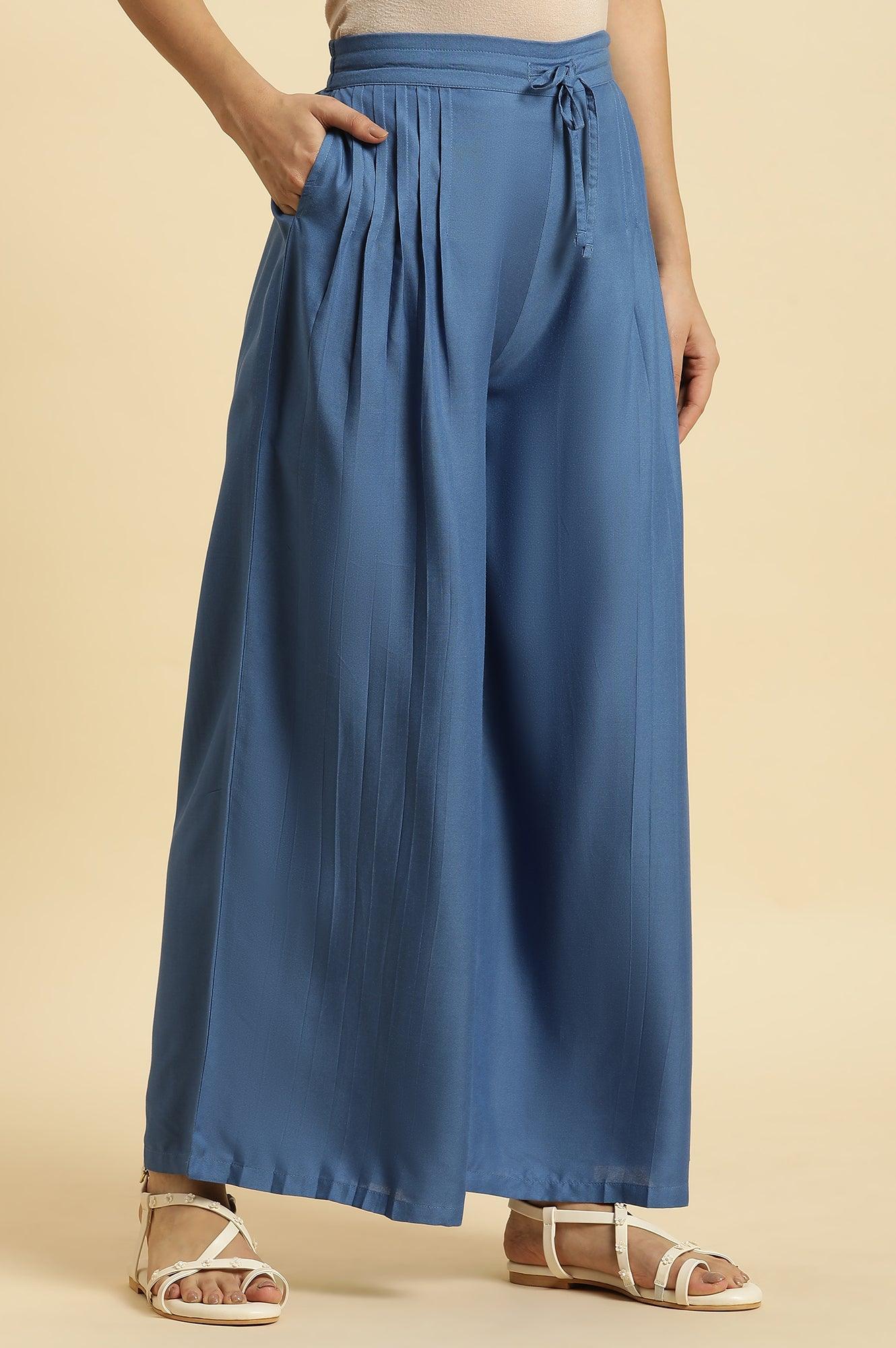 Blue Pleated Solid Parallel Pants - wforwoman