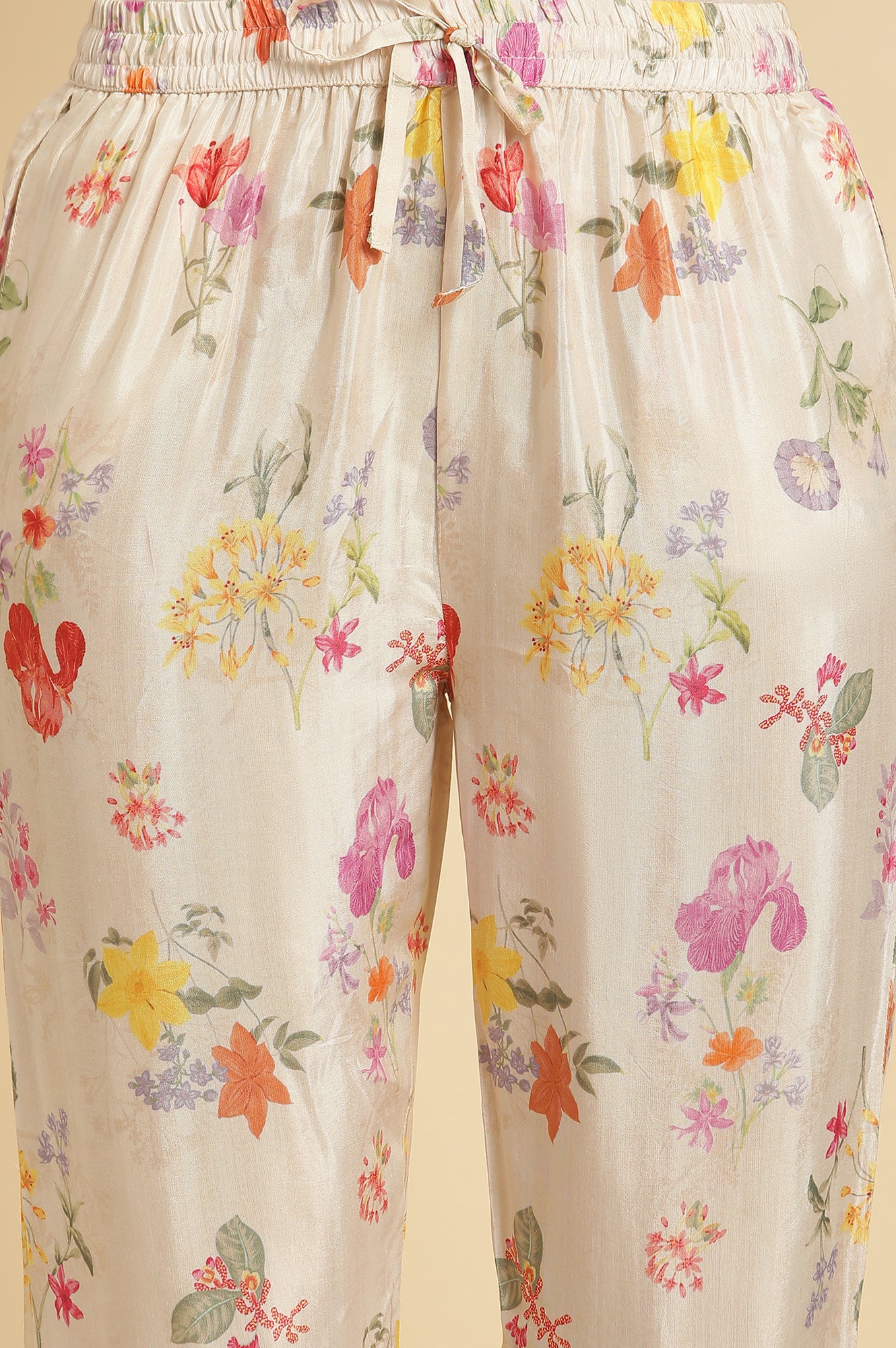 Beige Floral Printed Pants