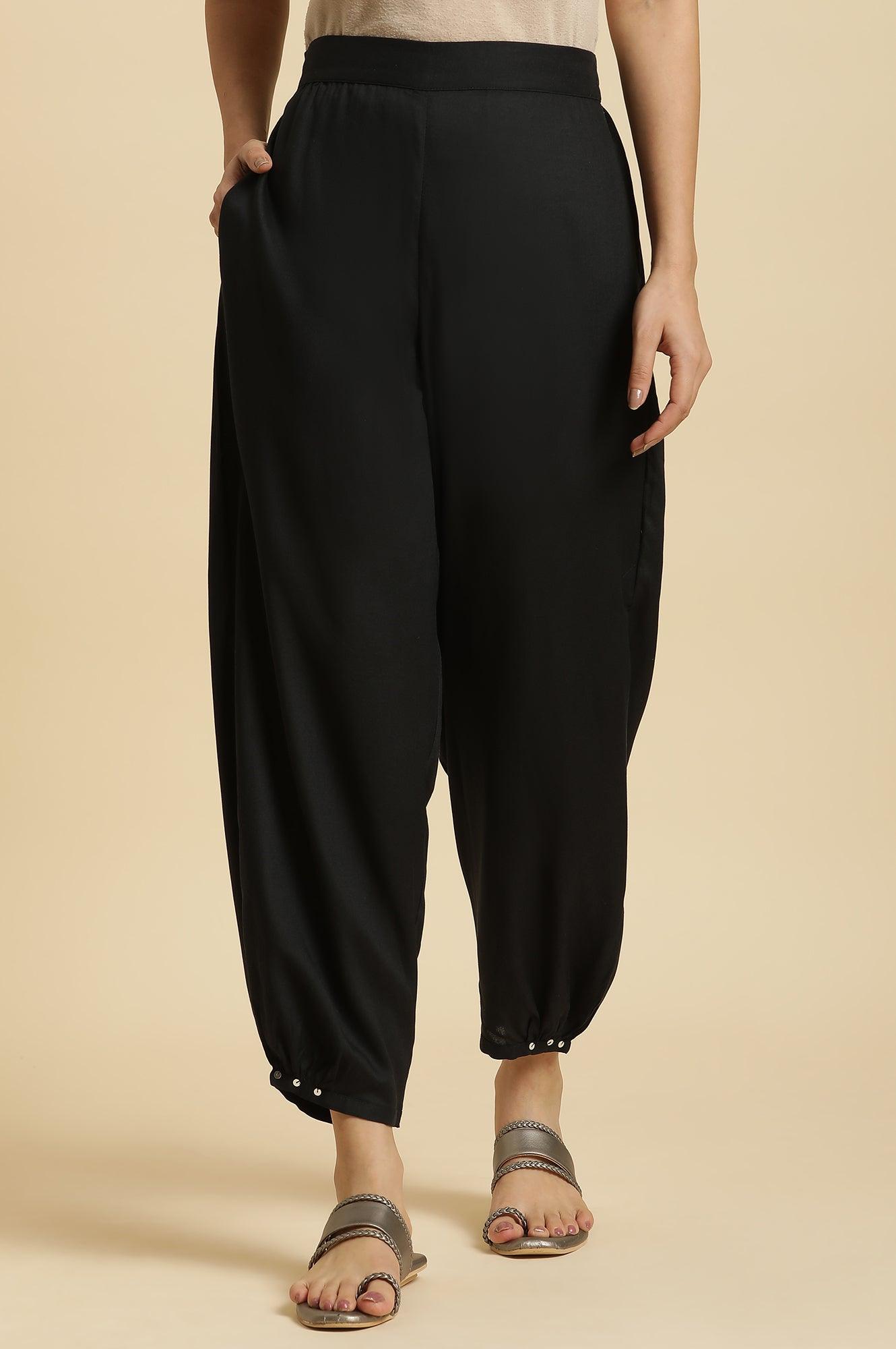 Black Side Gather Pants With Sequin Details - wforwoman