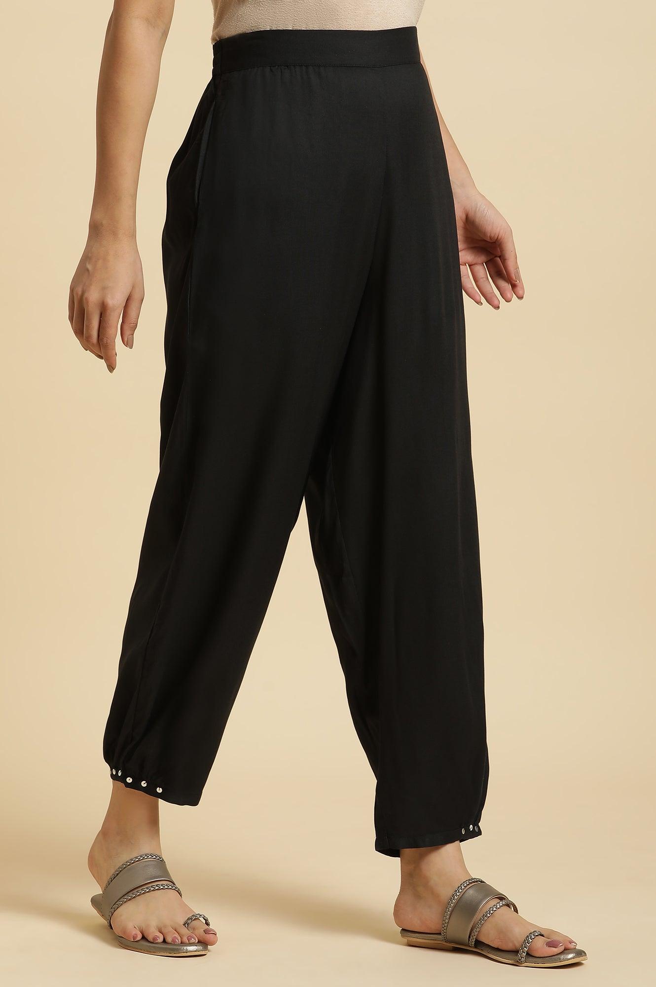 Black Side Gather Pants With Sequin Details - wforwoman