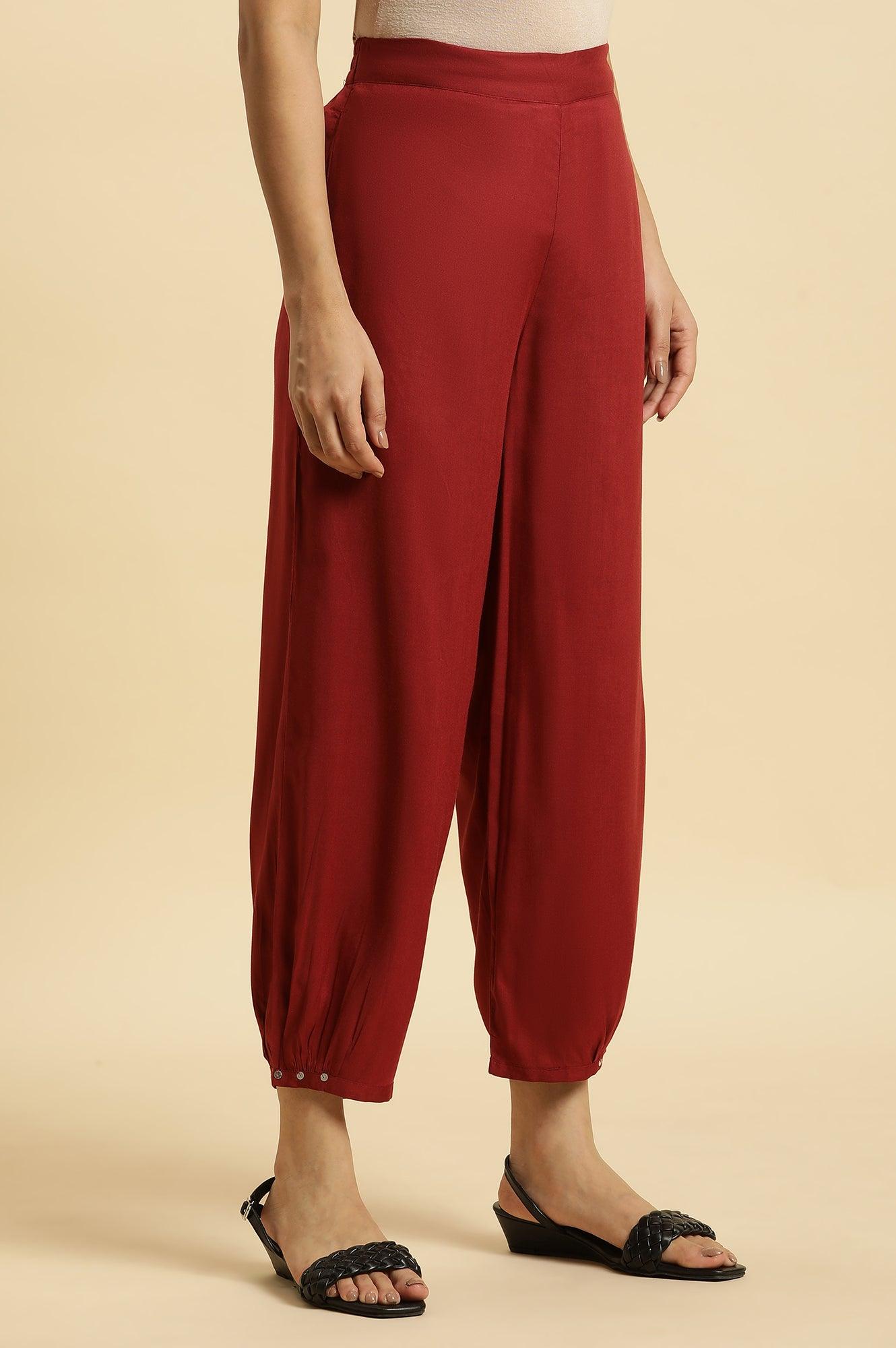 Maroon Side Gathered Pants With Sequin Detailing - wforwoman