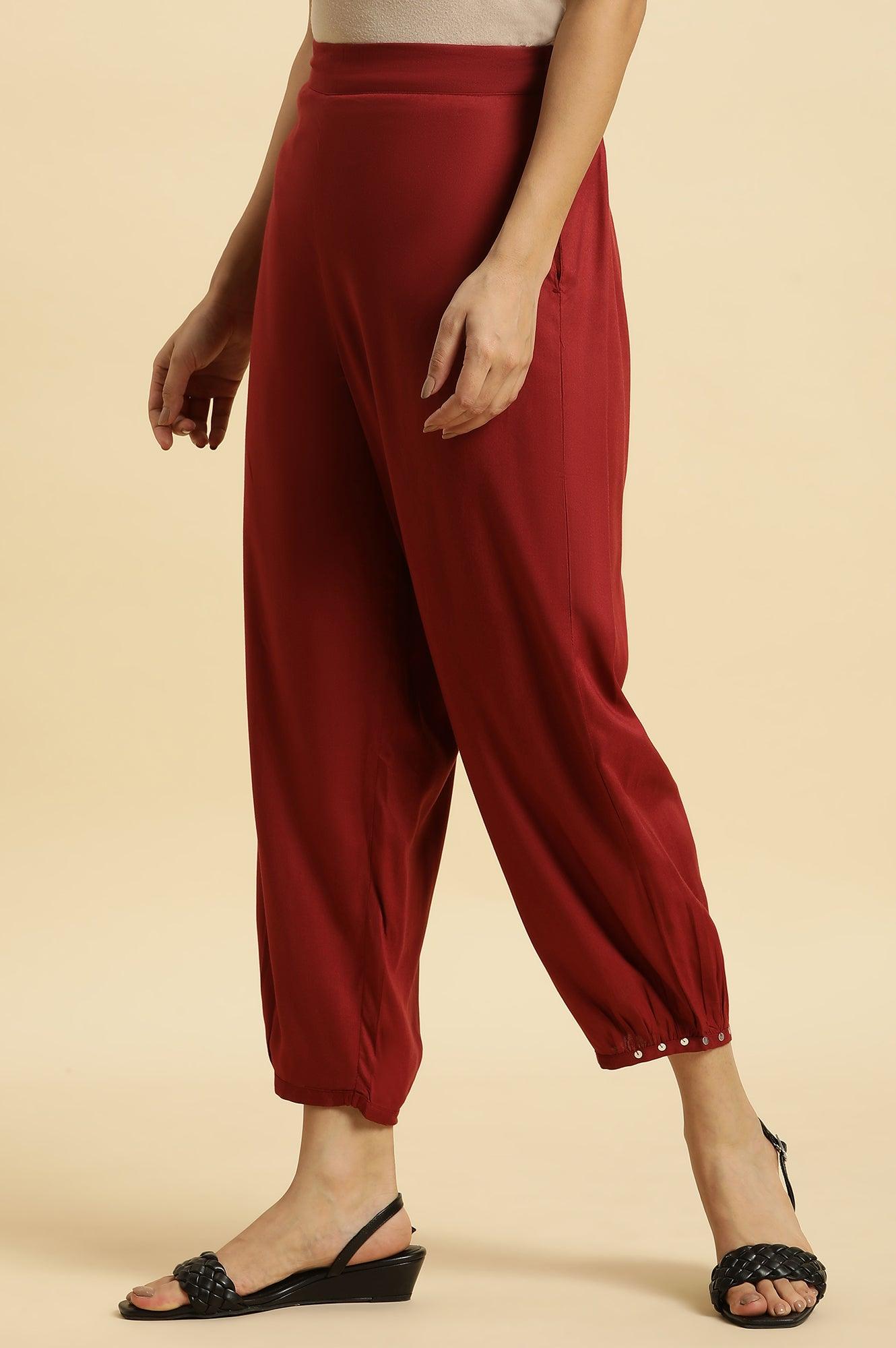 Maroon Side Gathered Pants With Sequin Detailing - wforwoman