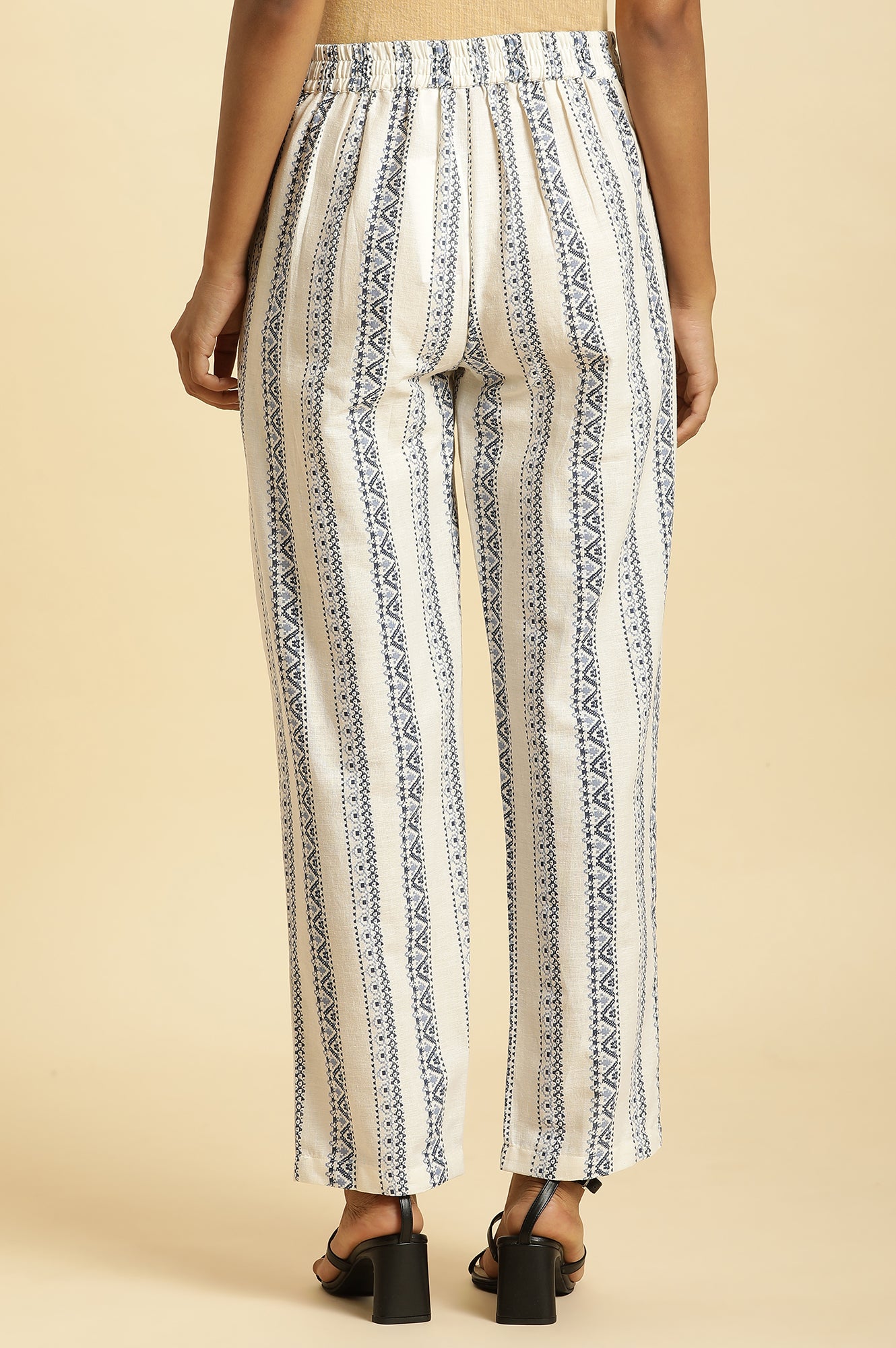 White Straight Pants With Blue Geometric Print