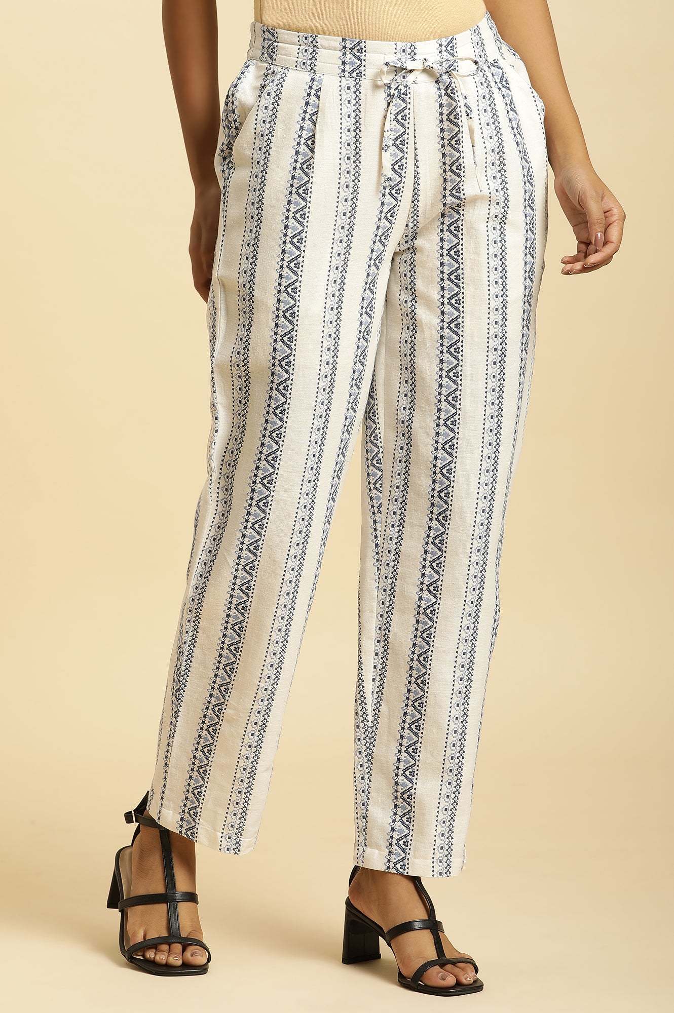 White Straight Pants With Blue Geometric Print