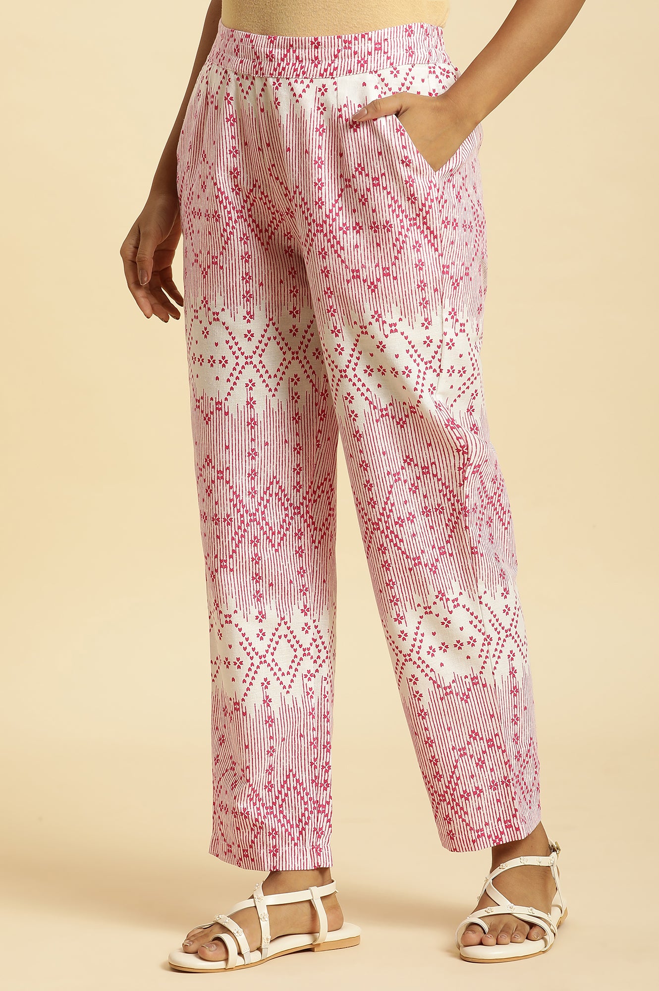 White Straight Pants With Pink Geometric Print