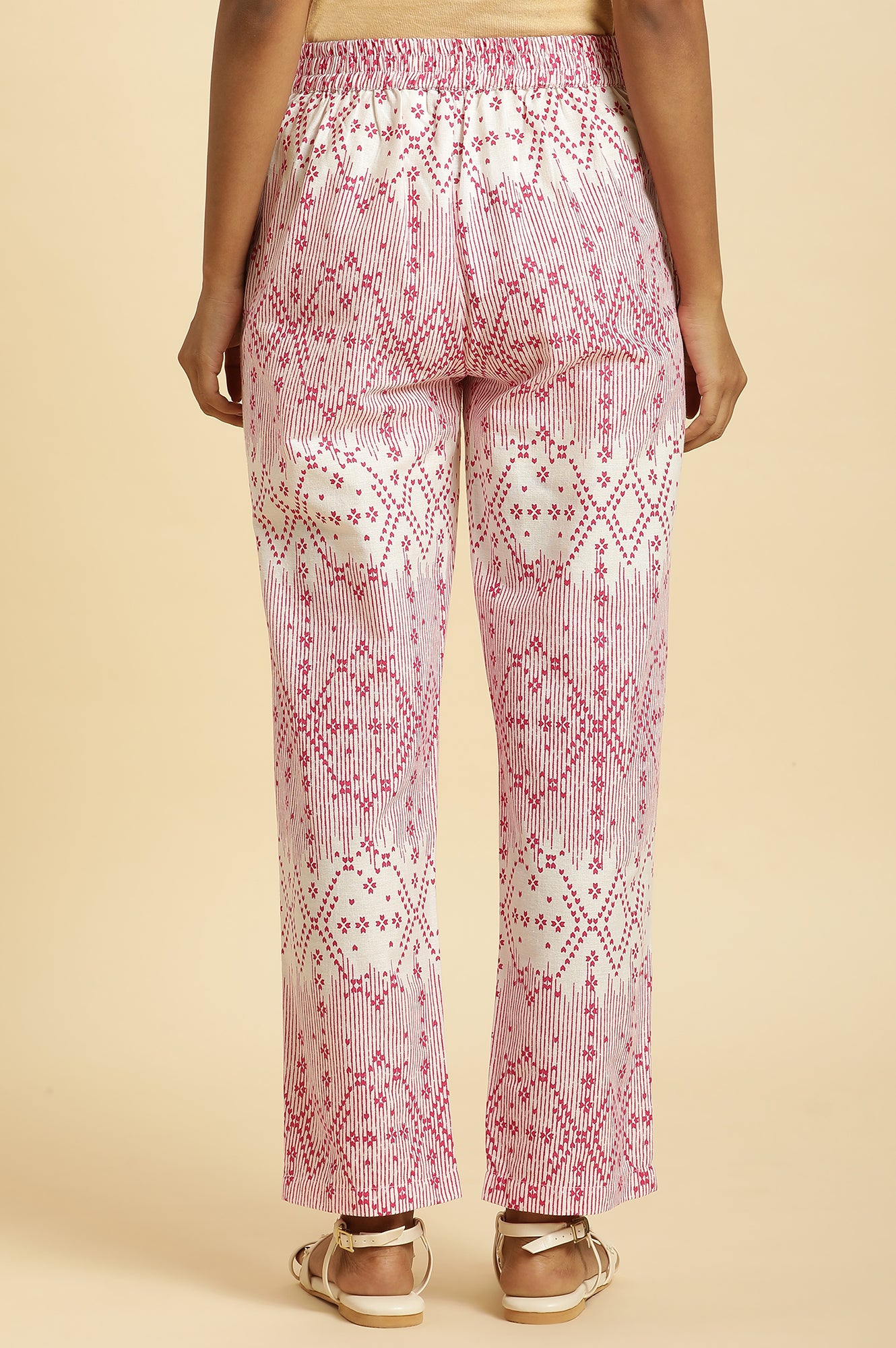 White Straight Pants With Pink Geometric Print
