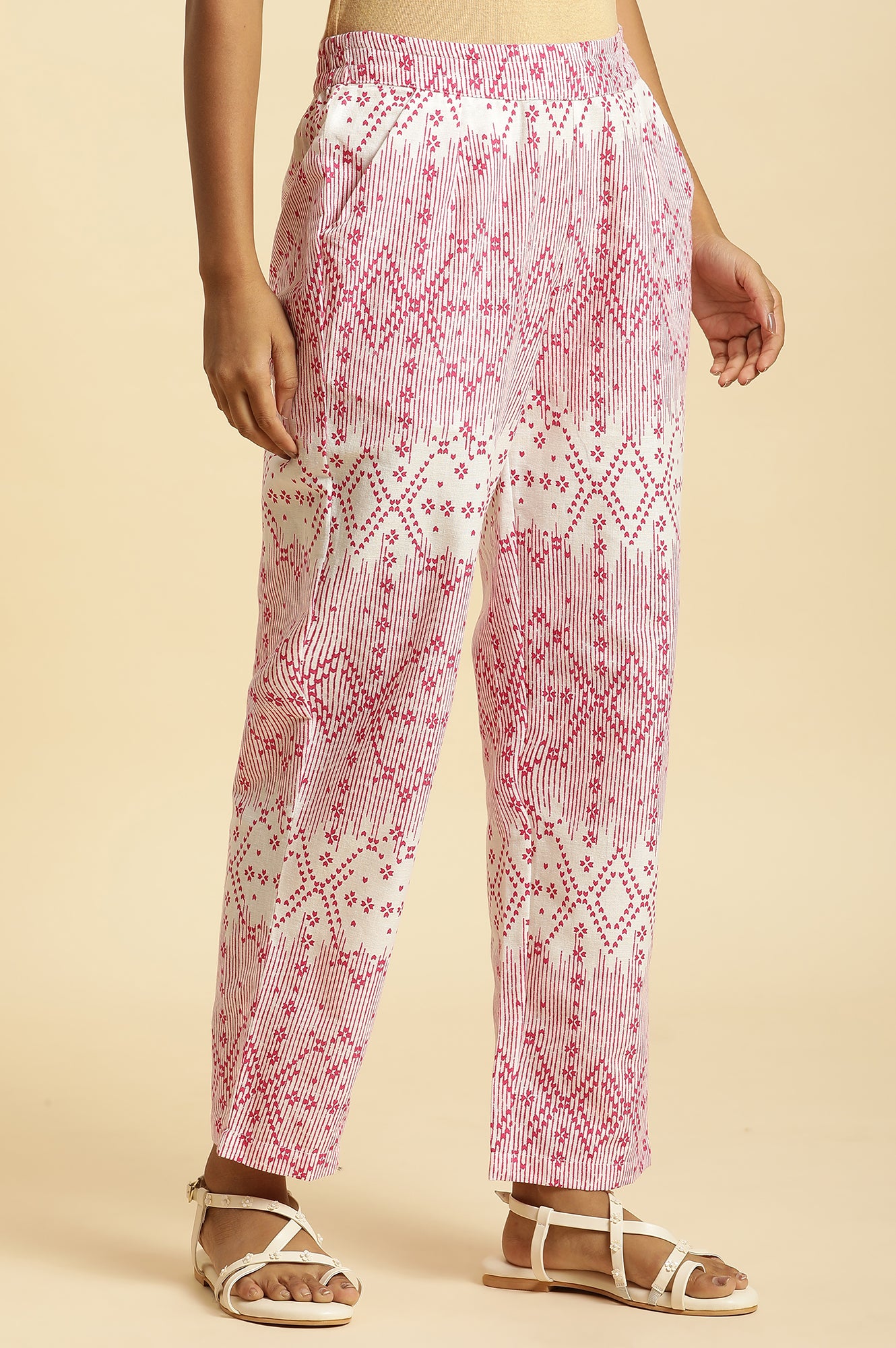 White Straight Pants With Pink Geometric Print