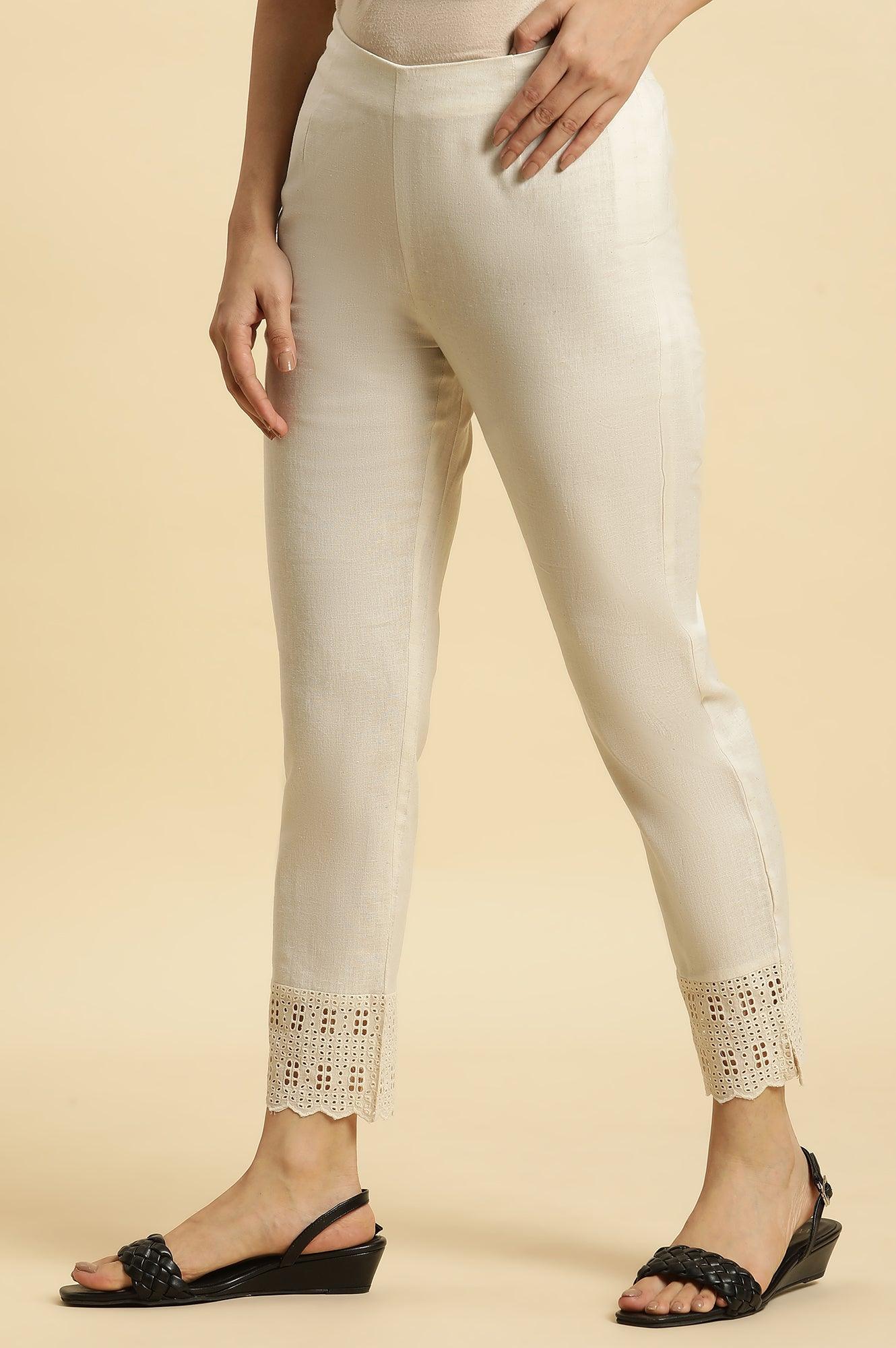 Ecro Solid Cotton Pants With Schiffli Detailing - wforwoman