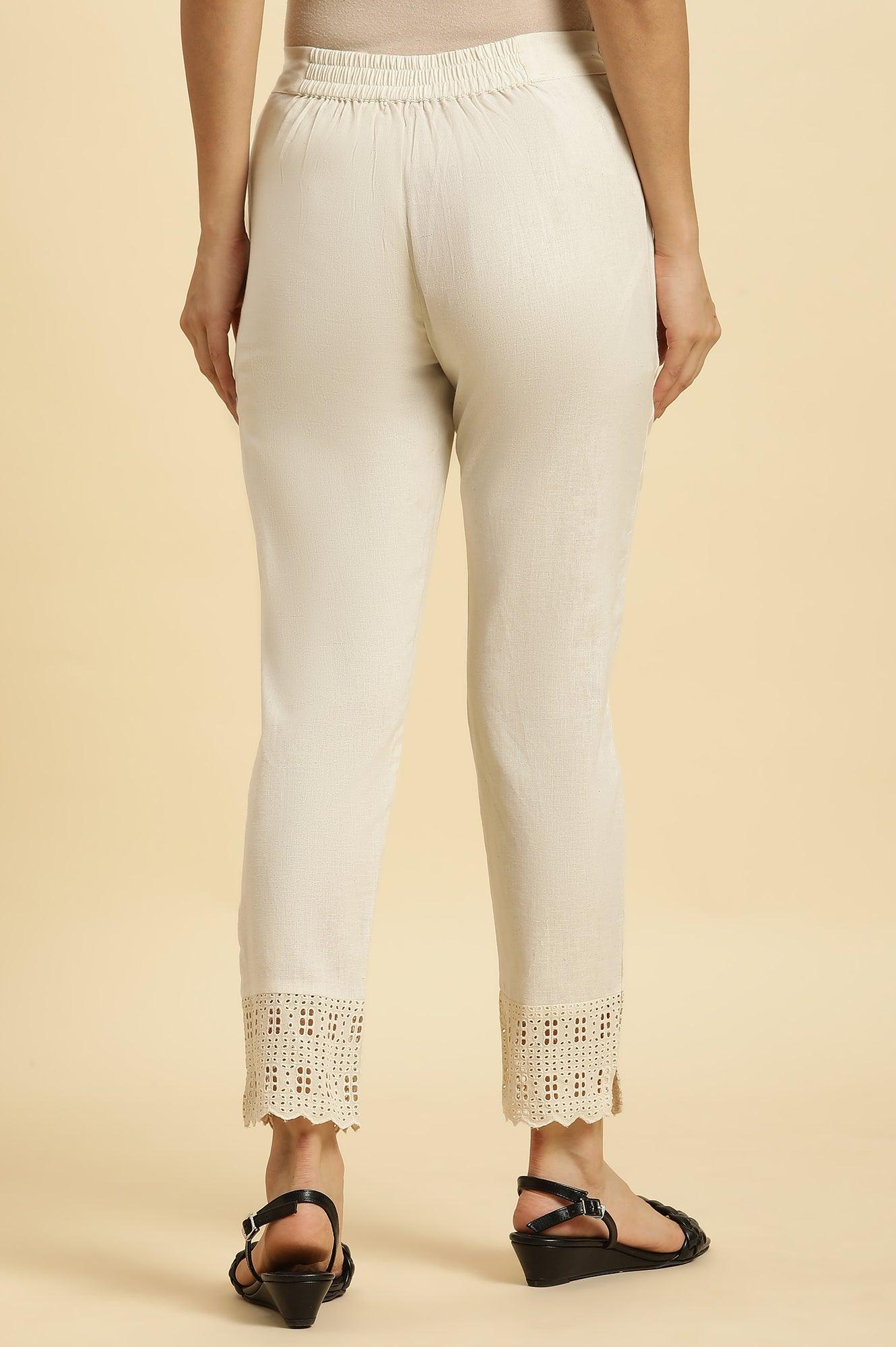 Ecro Solid Cotton Pants With Schiffli Detailing - wforwoman