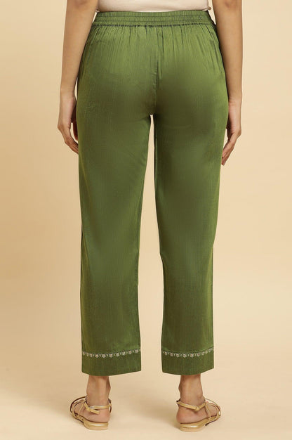 Olive Green Straight Pants With Embroidered Hemline - wforwoman