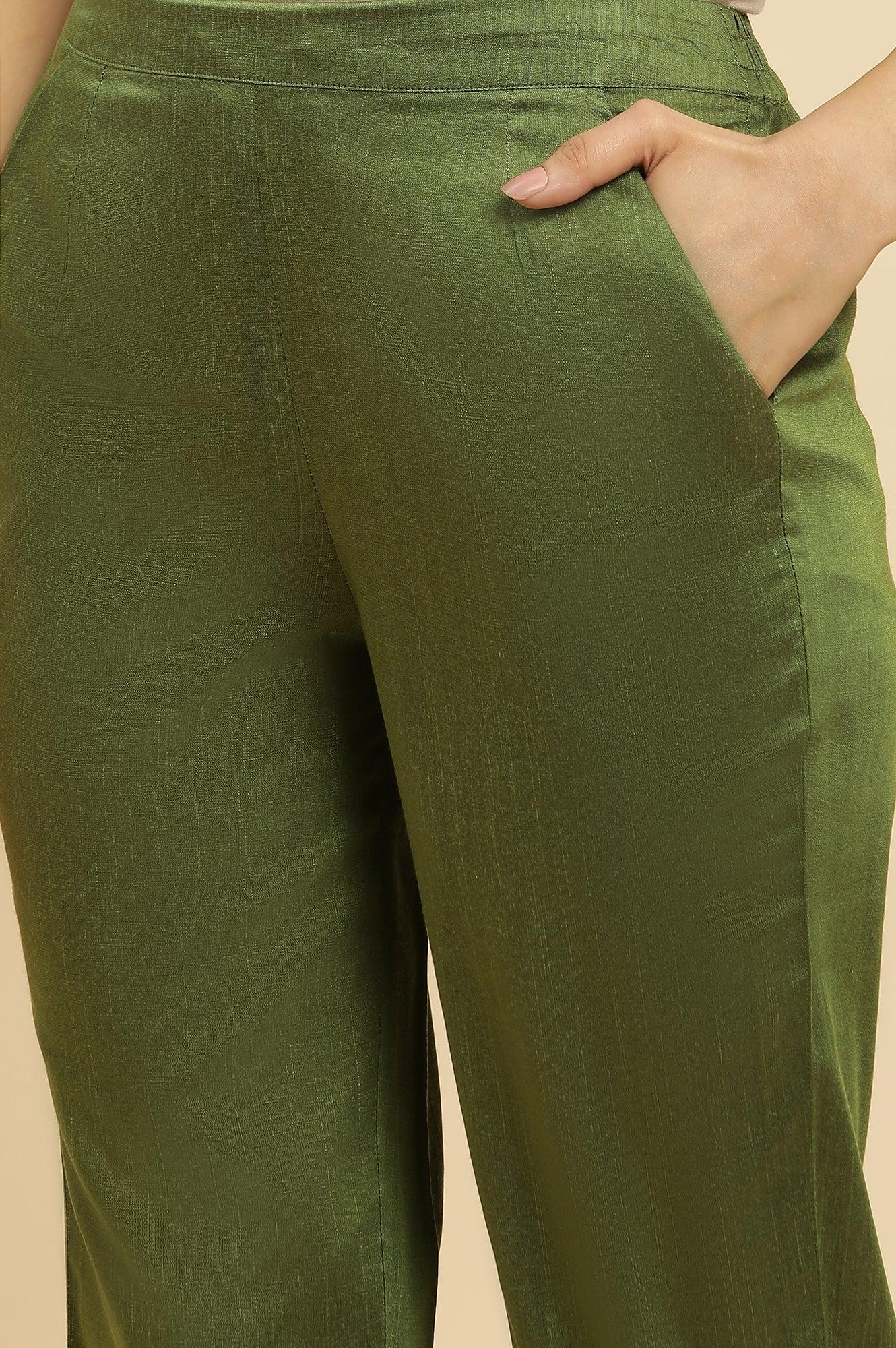 Olive Green Straight Pants With Embroidered Hemline - wforwoman