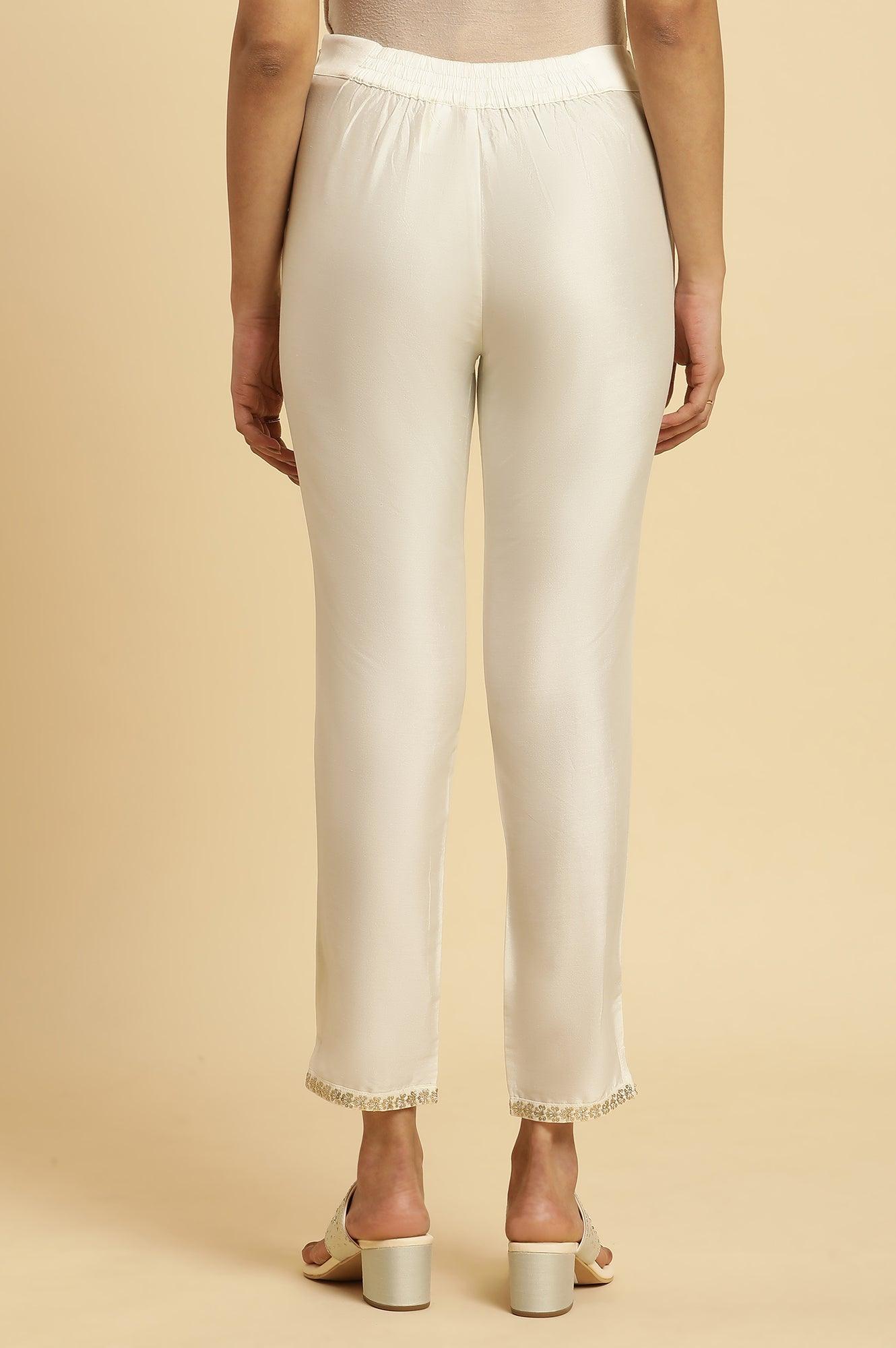 Ecru Slim Pants With Embroidered Hemline - wforwoman