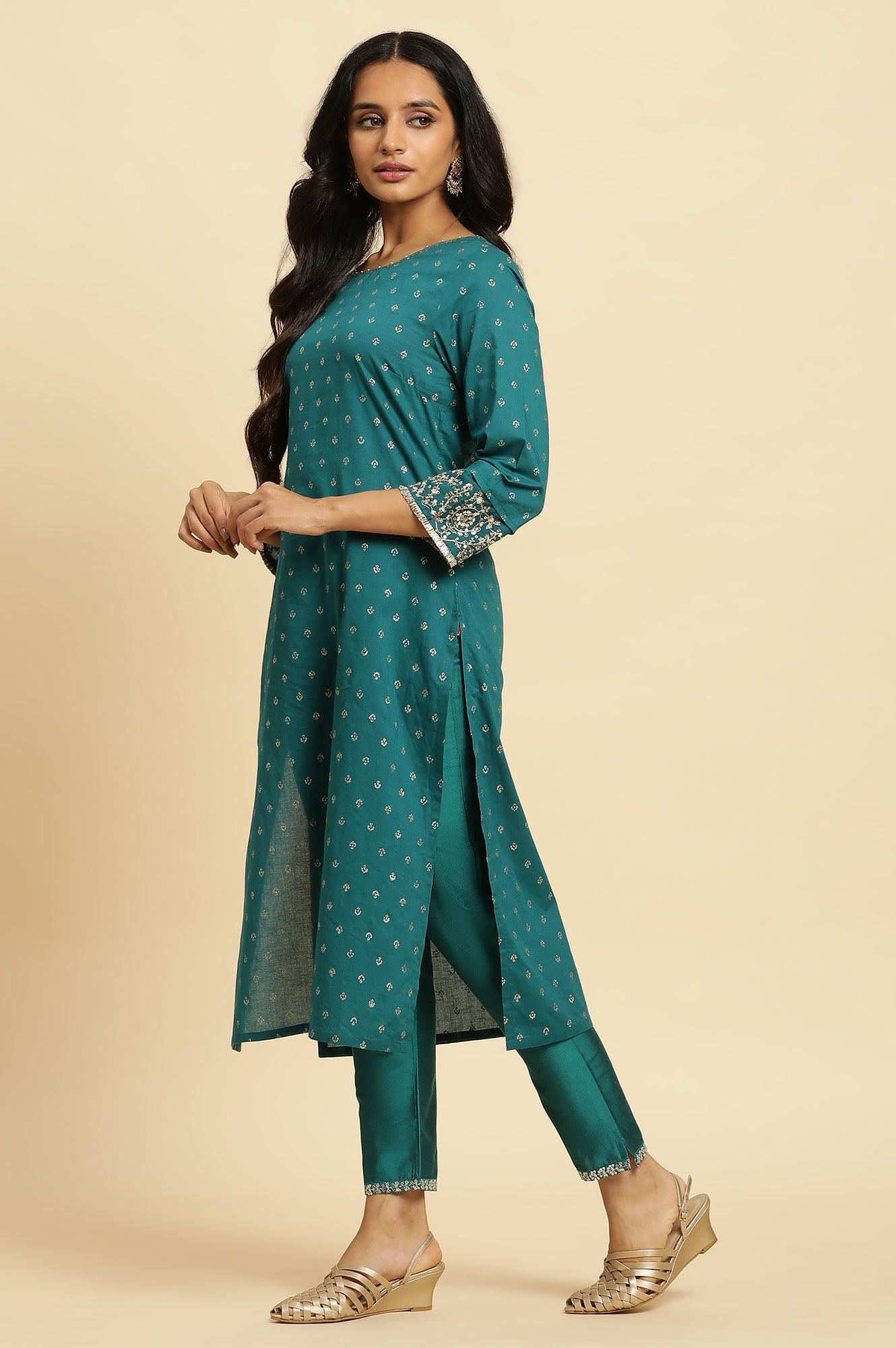 Teal Blue Slim Pant With Embroidered Hemline - wforwoman