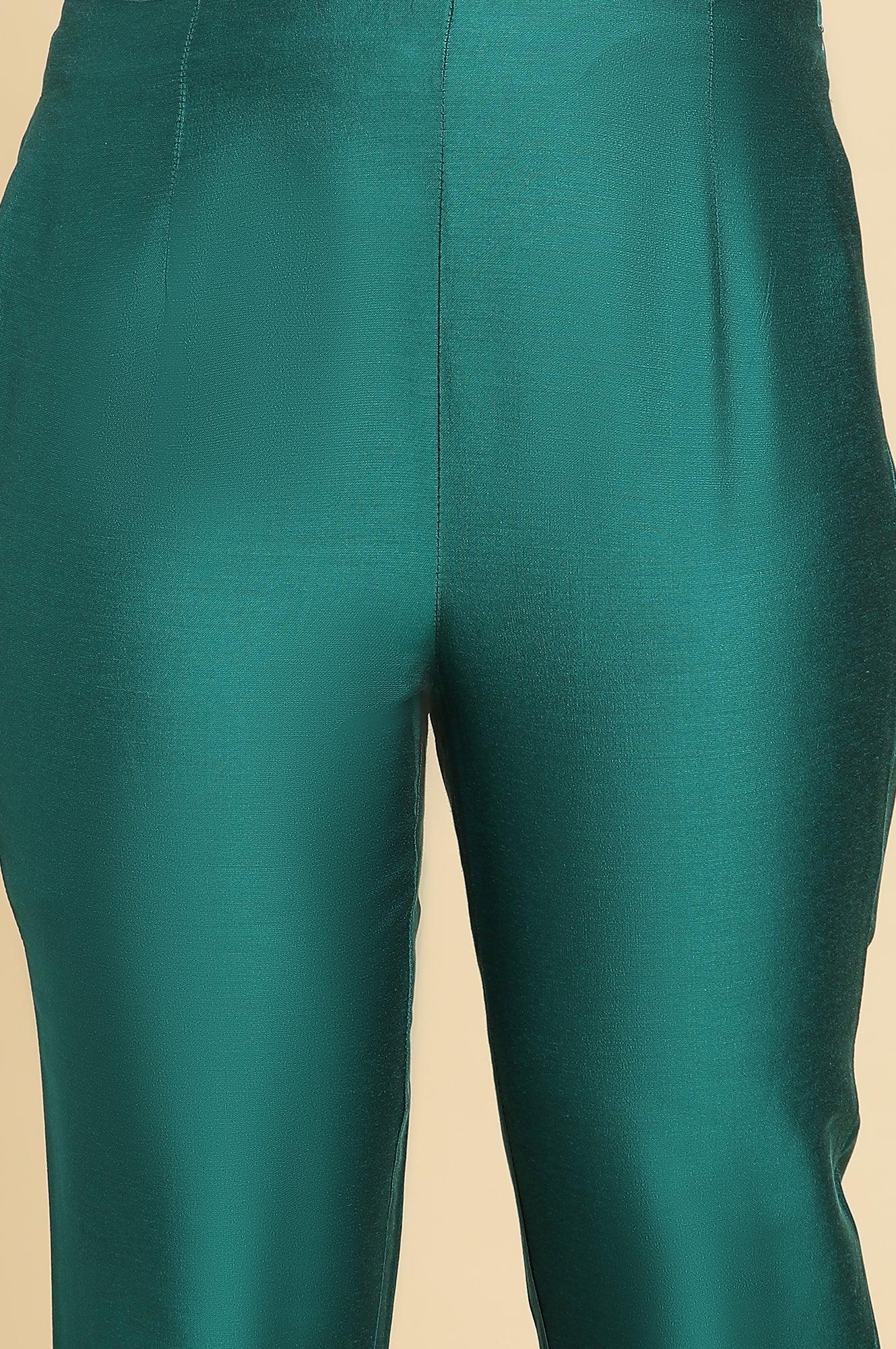 Teal Blue Slim Pant With Embroidered Hemline - wforwoman