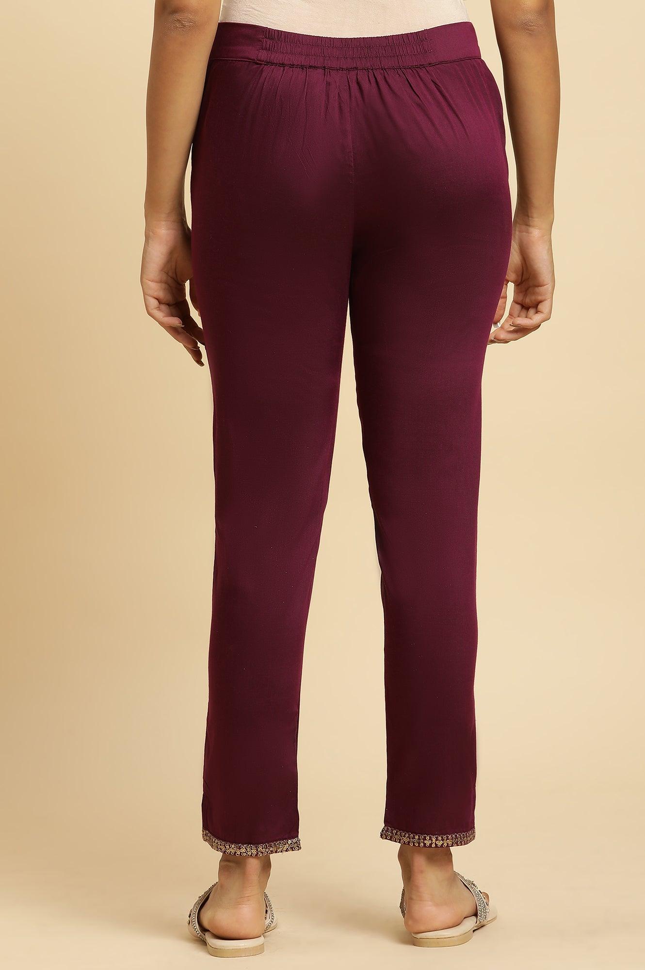 Purple Slim Pant With Embroidered Hemline - wforwoman