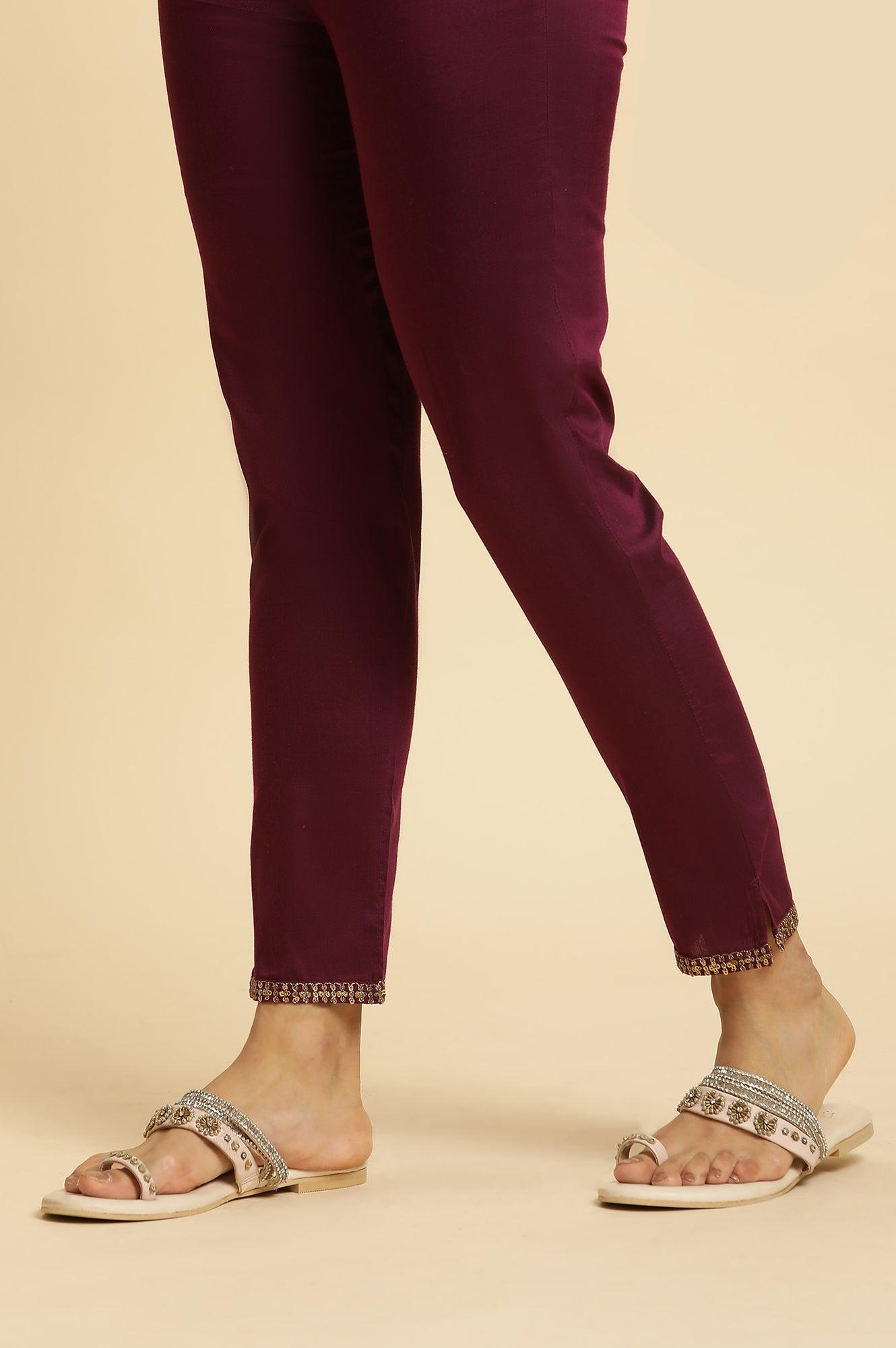 Purple Slim Pant With Embroidered Hemline - wforwoman