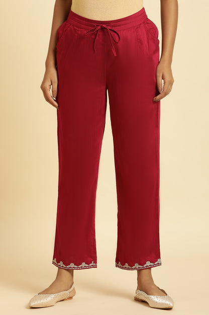 Magenta Solid Pants With Embroidery On Hem