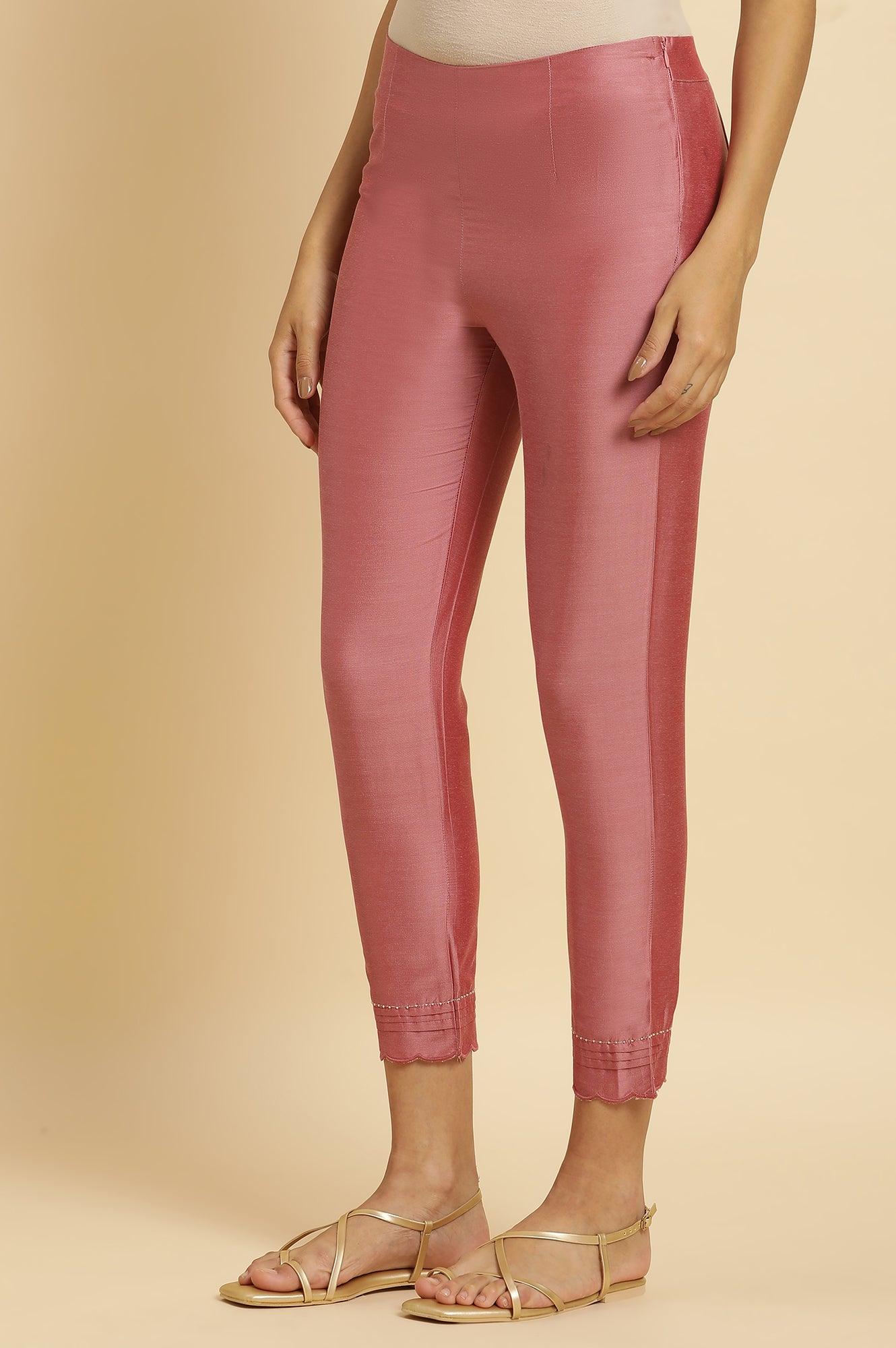 Pink Festive Solid Slim Pants - wforwoman