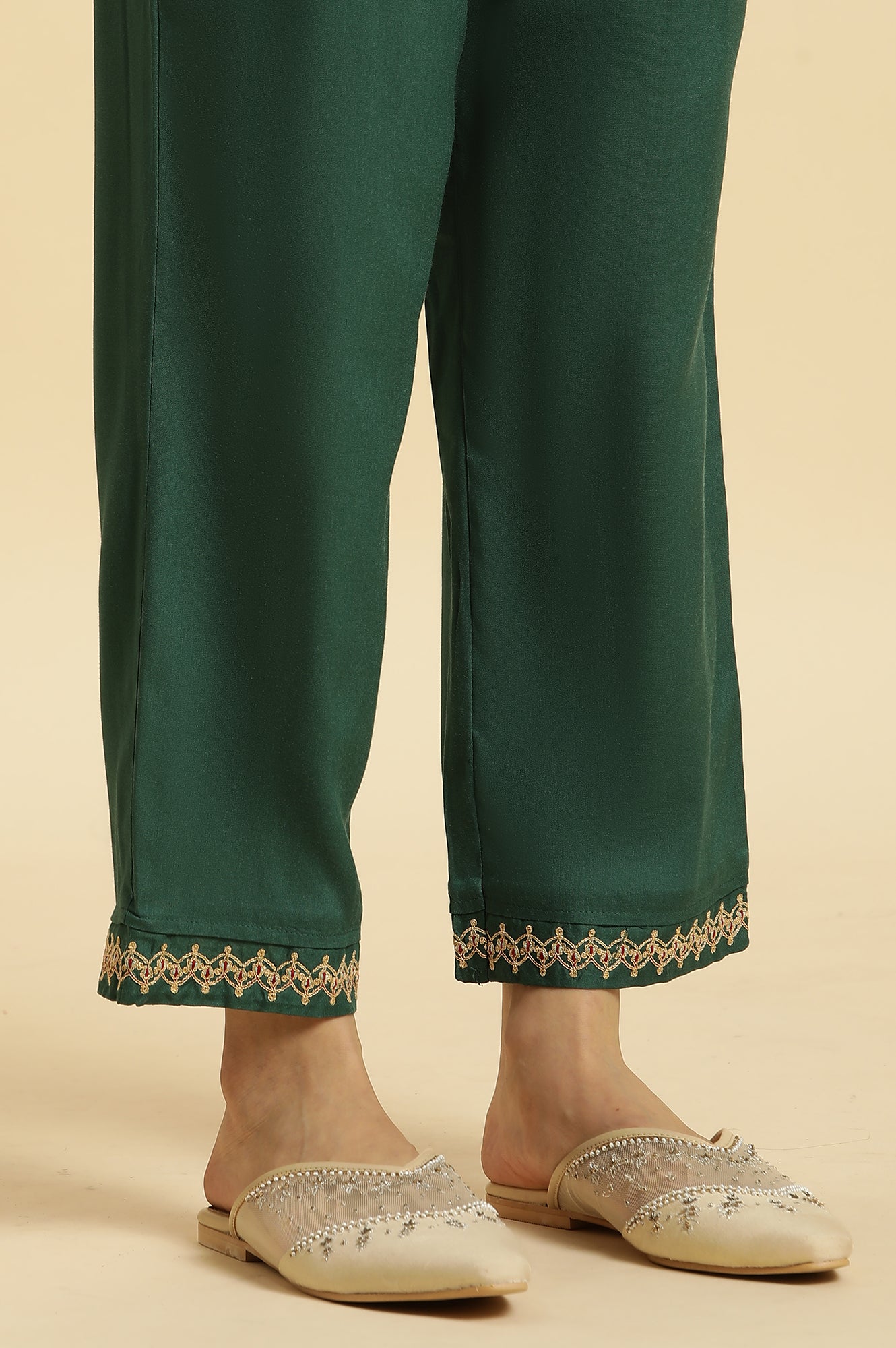 Green Embroidered Straight Pants