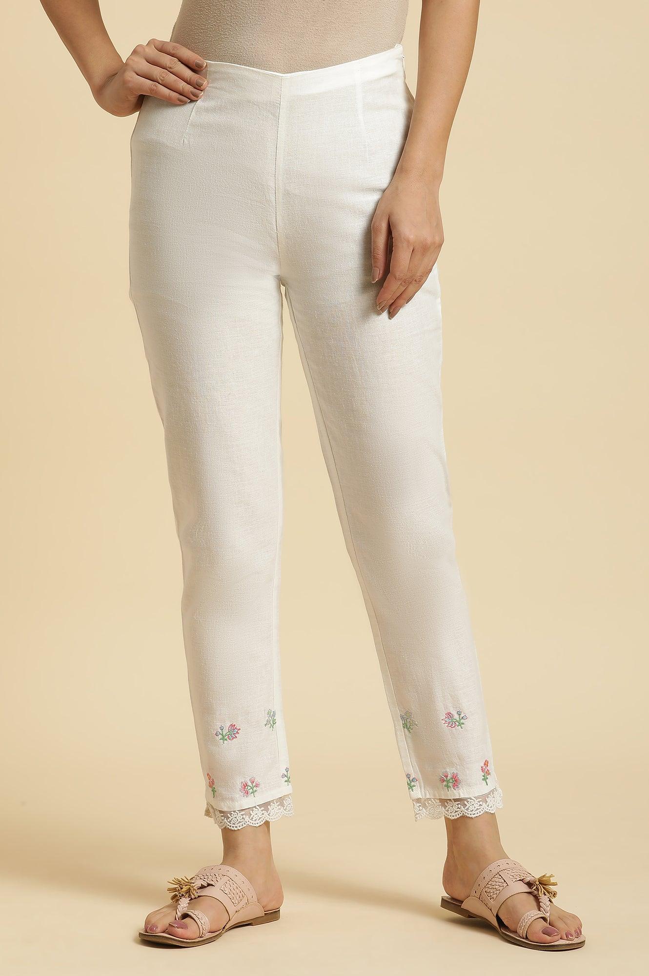 Ecru Slim Pants With Multi-Coloured Floral Embroidery - wforwoman