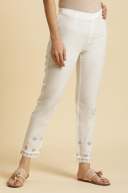 Ecru Slim Pants With Multi-Coloured Floral Embroidery - wforwoman