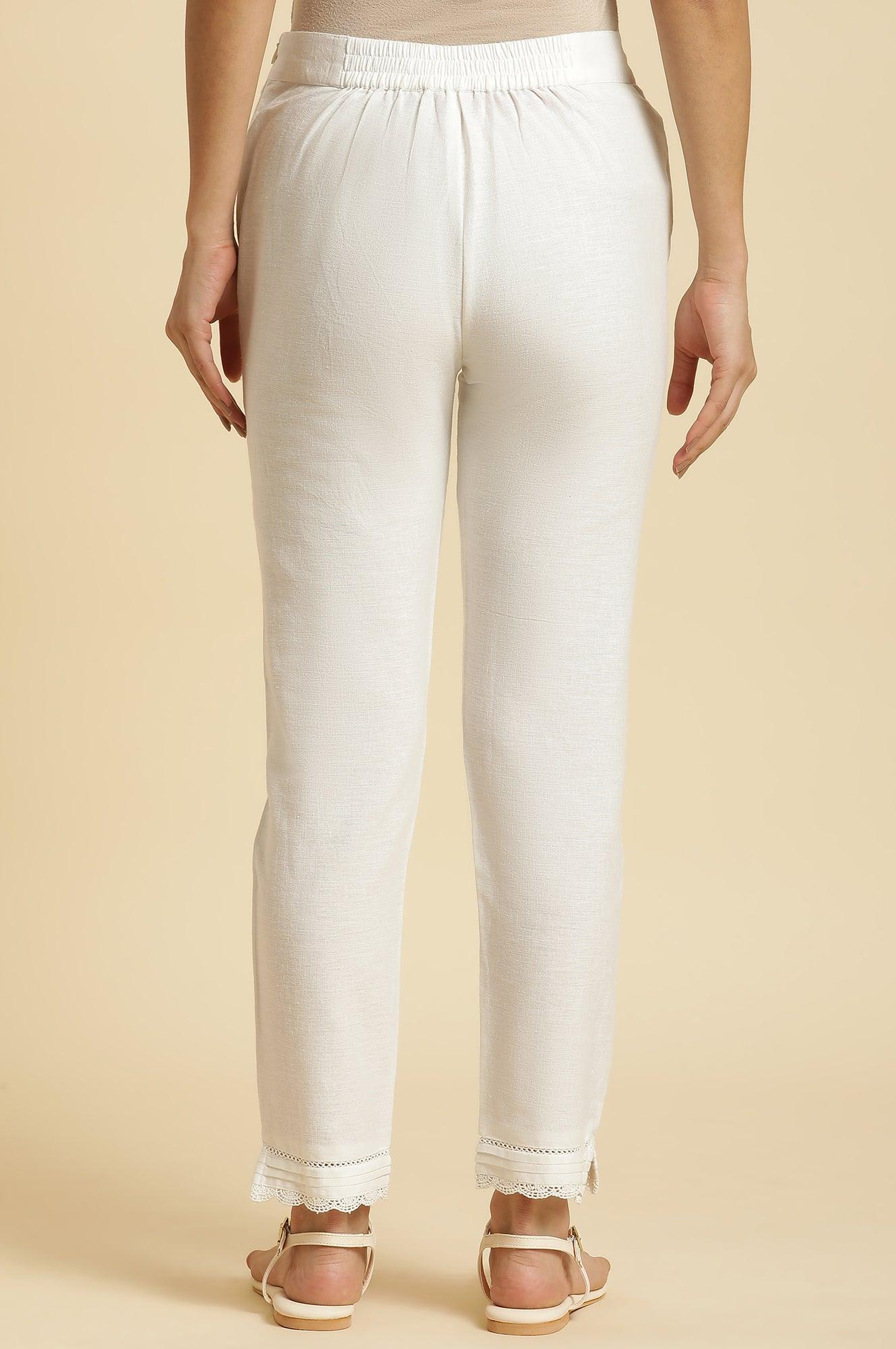 Off-White Cotton Flax Slim Pants With Lace At Hem - wforwoman