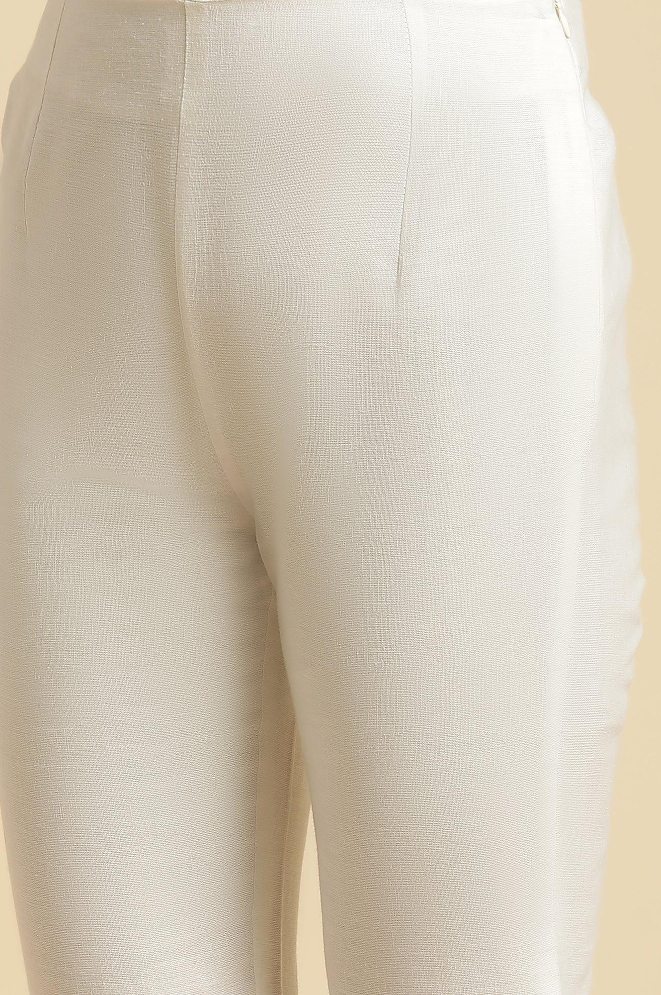 Off-White Cotton Flax Slim Pants With Lace At Hem - wforwoman