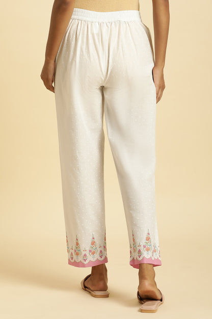 Ecru Straight Pants With Printed Hemline