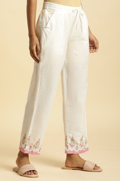 Ecru Straight Pants With Printed Hemline