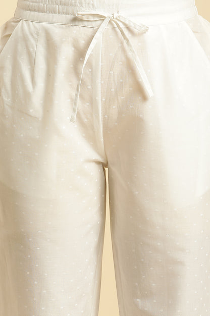Ecru Straight Pants With Printed Hemline